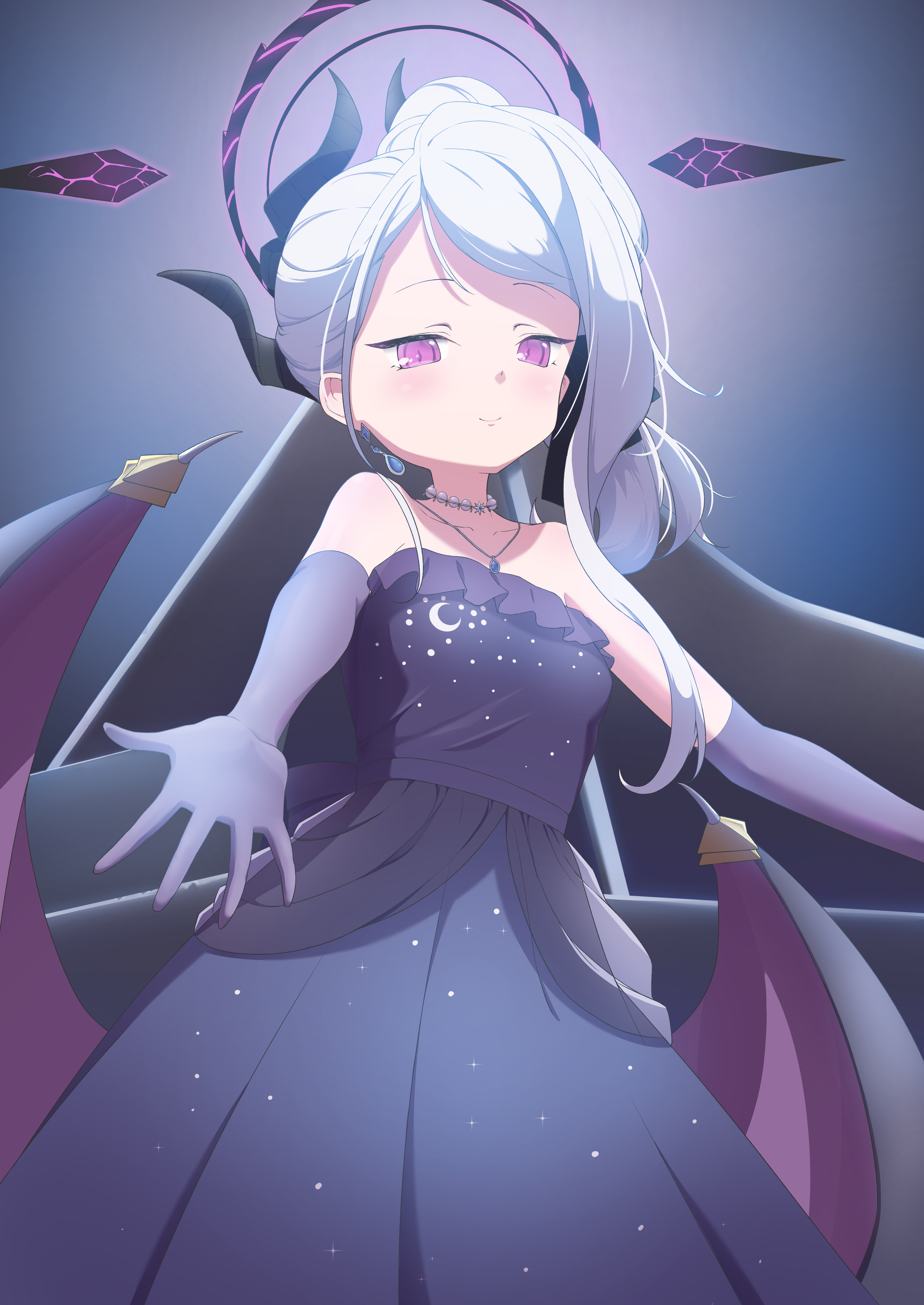 yuni yuni, hina (blue archive), hina (dress) (blue archive), blue archive, absurdres, highres, 1girl, black halo, blush, demon girl, demon horns, demon wings, dress, earrings, elbow gloves, gloves, halo, horns, jewelry, long hair, looking at viewer, low wings, necklace, pendant, purple dress, purple eyes, purple gloves, solo, standing, white hair, wings