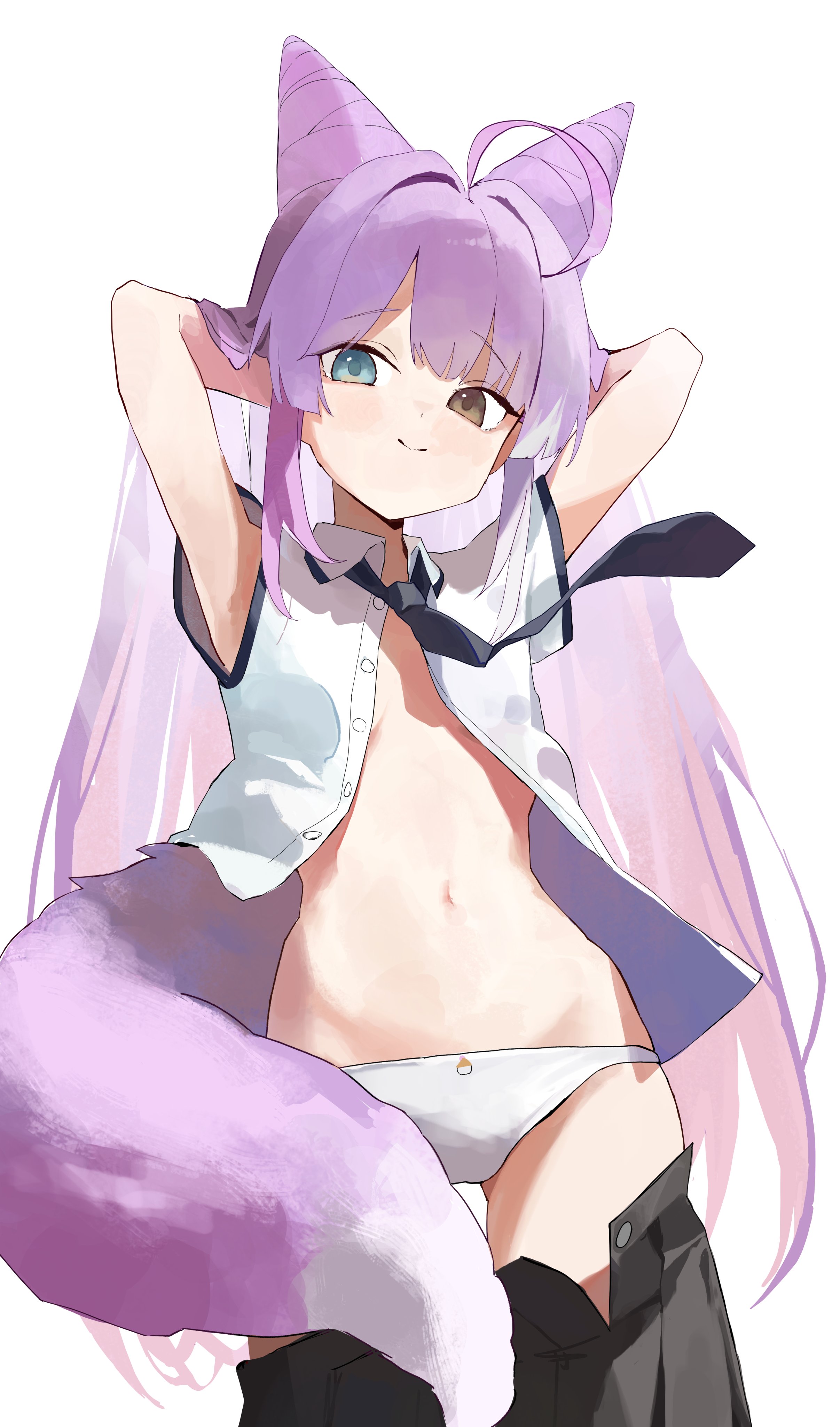 k.gj, tenko shibuki, stellive, absurdres, commentary request, highres, korean commentary, 1girl, ahoge, arms up, black necktie, black skirt, blue eyes, brown eyes, closed mouth, clothes pull, collared shirt, cowboy shot, heterochromia, long hair, looking at viewer, navel, necktie, no bra, open clothes, open shirt, panties, purple hair, purple tail, shirt, simple background, skirt, skirt pull, smile, solo, standing, stomach, straight hair, tail, unbuttoned, underwear, very long hair, virtual youtuber, white background, white panties, white shirt, wing collar