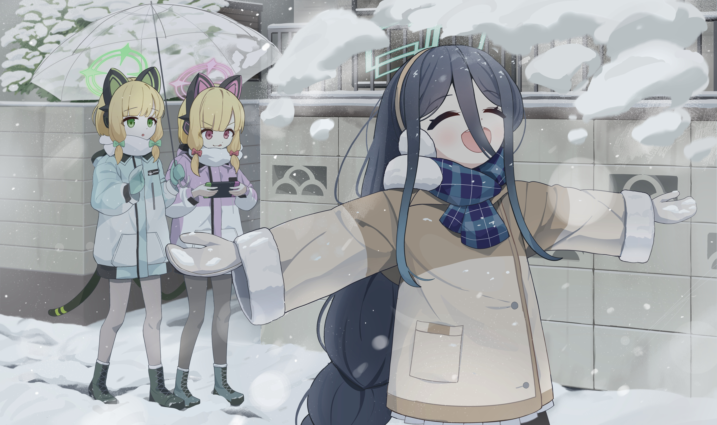 garados (limmjiiiminnn99), aris (blue archive), aris (winter) (blue archive), midori (blue archive), midori (winter) (blue archive), momoi (blue archive), momoi (winter) (blue archive), blue archive, commentary, highres, 3girls, :3, :d, :o, :q, ^ ^, animal ear headphones, animal ears, aqua halo, aqua jacket, black pantyhose, black tail, blonde hair, blue scarf, boots, bow, braid, brown coat, brown hairband, brown mittens, buttons, cat ear headphones, cat ears, cat tail, closed eyes, coat, double-parted bangs, earmuffs, fake animal ears, fake tail, fur-trimmed coat, fur-trimmed sleeves, fur trim, green bow, green eyes, green halo, green mittens, grey boots, grey pantyhose, hair between eyes, hair bow, hairband, halo, handheld game console, headphones, holding, holding handheld game console, holding umbrella, hood, hood down, hooded coat, hooded jacket, jacket, lace-up boots, long bangs, long hair, long hair between eyes, long sidelocks, long sleeves, low-braided long hair, low-tied long hair, low-tied sidelocks, mittens, multicolored jacket, multicolored scarf, multiple girls, official alternate costume, official alternate hairstyle, open mouth, outdoors, outstretched arms, pantyhose, parted bangs, parted lips, pink bow, pink eyes, pink halo, pink jacket, plaid clothes, plaid scarf, playing games, pleated skirt, pocket, rectangular halo, scarf, shared umbrella, short hair, siblings, sidelocks, sisters, skirt, smile, snow, snow on head, snowing, spread arms, standing, tail, teeth, tongue, tongue out, transparent, transparent umbrella, twins, umbrella, upper teeth only, v-shaped eyebrows, white jacket, white scarf, white skirt, white umbrella, wide sleeves, winter, winter clothes, winter coat