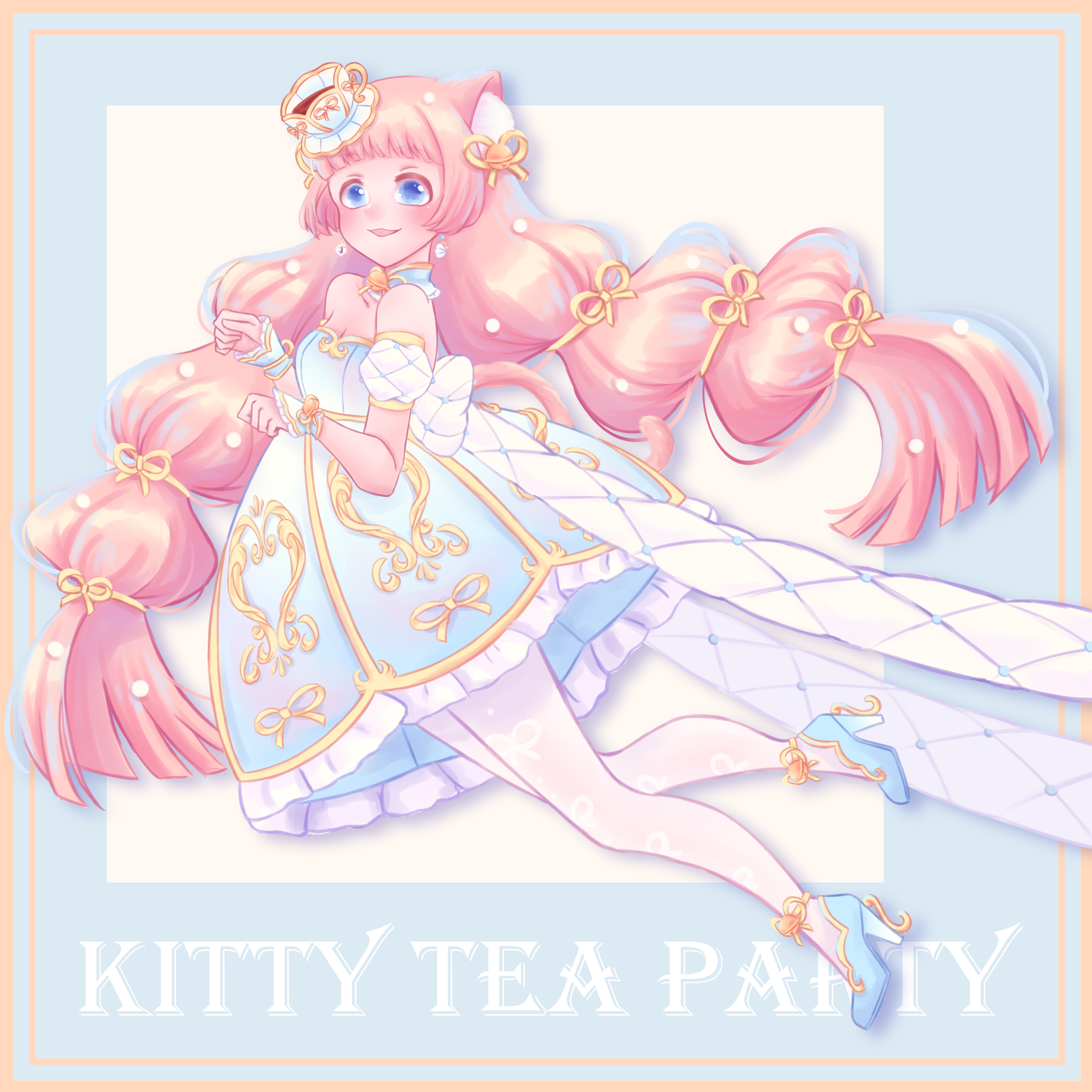 sakura no hana, nikki (series), original, shining nikki, absurdres, commentary request, highres, 1girl, animal ears, ankle bell, ankle ribbon, back bow, bare shoulders, beads, bell, blue background, blue collar, blue dress, blue eyes, blue shoes, blue wrist cuffs, blunt bangs, blunt ends, bow, cat ears, cat girl, cat tail, clenched hands, collar, cup, detached collar, detached sleeves, dress, english text, floating clothes, floating hair, frilled dress, frilled wrist cuffs, frills, full body, hair beads, hair ornament, hair ribbon, happy, high heels, leg ribbon, light blush, lolita fashion, long hair, looking ahead, low twintails, multi-tied hair, neck bell, open mouth, orange hair, pantyhose, paw pose, print pantyhose, puffy short sleeves, puffy sleeves, ribbon, ribbon print, saucer, see-through pantyhose, shadow, shoes, short dress, short sleeves, smile, solo, strapless, strapless dress, tail, tareme, tea, teacup, title, twintails, two-tone background, very long hair, white background, white bow, white pantyhose, white sleeves, wrist bell, wrist cuffs, yellow ribbon