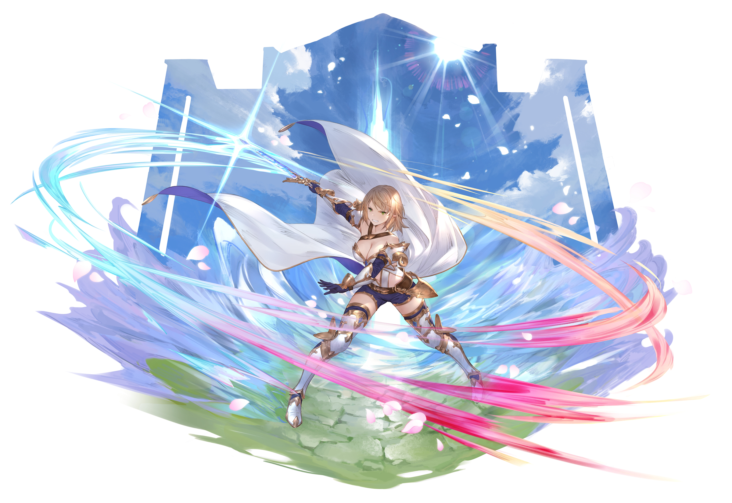 yijian ma, original, chinese commentary, commentary request, highres, 1girl, arm armor, attack trail, blue gloves, blue shorts, breasts, cleavage, cloud, curled horns, day, dynamic pose, elbow gloves, falling petals, faux figurine, full body, gloves, holding, holding sword, holding weapon, horns, large breasts, leg armor, legs apart, medium hair, navel, outdoors, petals, pointy ears, shorts, sky, solo, sun, sunlight, swinging weapon, sword, weapon