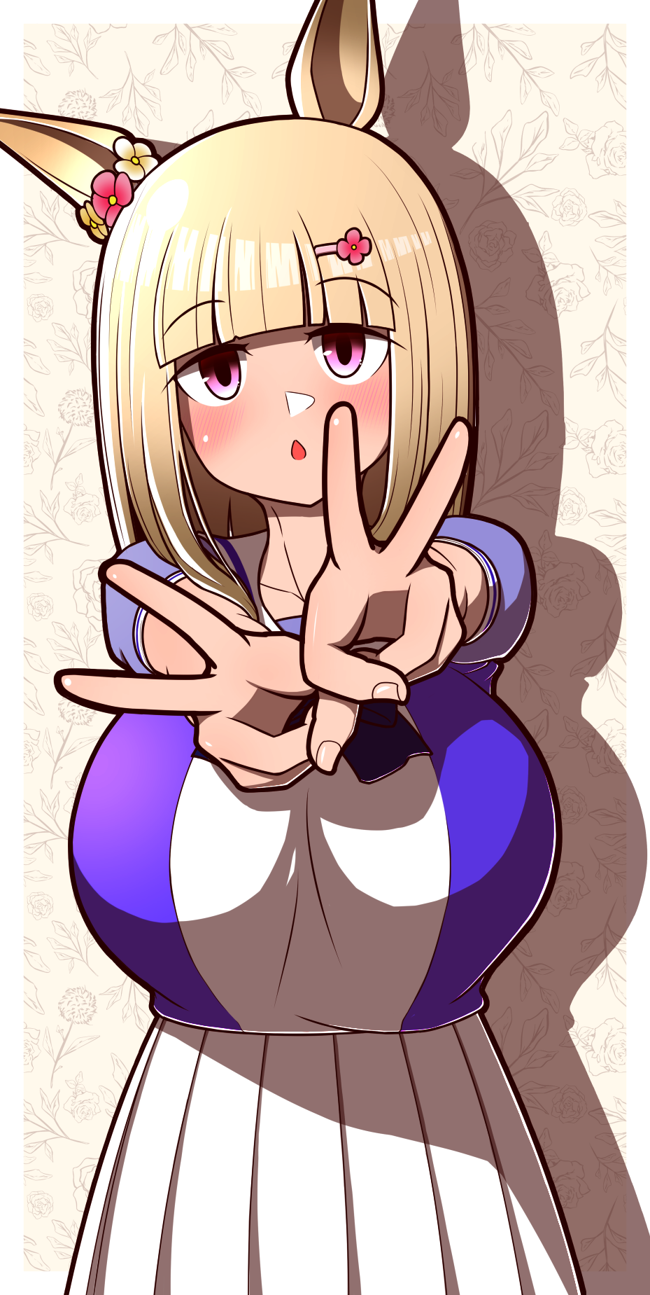 samuraisouru1954, happy meek (umamusume), umamusume, highres, 1girl, alternate breast size (larger), animal ears, blonde hair, blunt bangs, blush, breasts, collarbone, double v, floral background, flower, flower ornament, hair flower, hair ornament, hairclip, horse ears, horse girl, huge breasts, long hair, looking at viewer, open mouth, pink eyes, pleated skirt, purple shirt, sailor collar, school uniform, serafuku, shadow, shirt, short sleeves, skirt, solo, summer uniform, tracen school uniform, v, white sailor collar, white shirt, white skirt