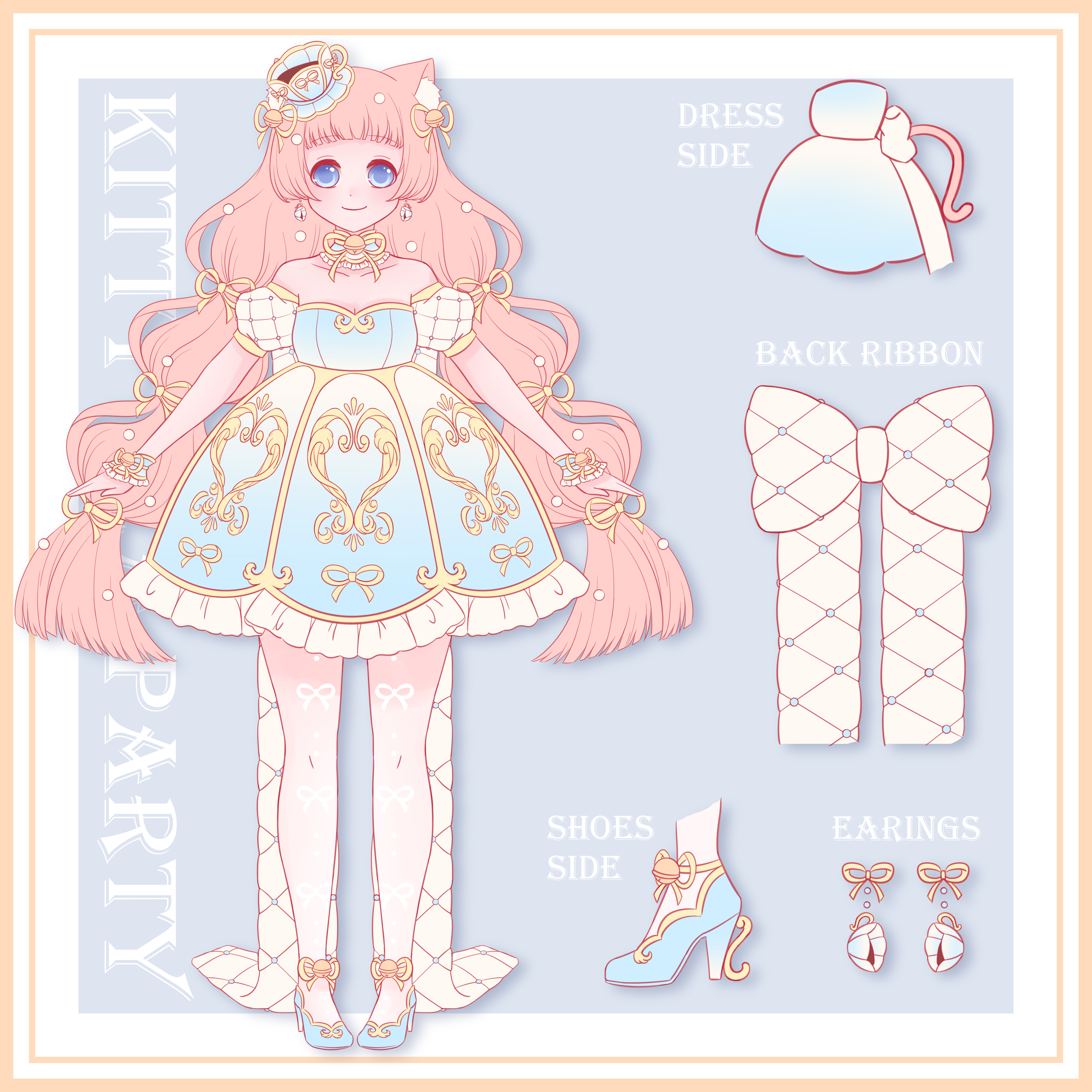 sakura no hana, nikki (series), original, shining nikki, absurdres, commentary request, highres, 1girl, animal ear fluff, animal ears, ankle bell, ankle ribbon, back bow, beads, bell, blue background, blue collar, blue dress, blue eyes, blue shoes, blue wrist cuffs, blunt bangs, blunt ends, border, bow, breasts, cat ears, cat girl, character name, cleavage, closed mouth, collar, cup, detached collar, detached sleeves, dot nose, dress, english text, flat color, frilled collar, frilled dress, frilled wrist cuffs, frills, full body, hair beads, hair bell, hair ornament, happy, high heels, leg ribbon, light blush, lolita fashion, long hair, looking at viewer, low twintails, multi-tied hair, neck bell, neck ribbon, orange hair, outside border, pantyhose, print pantyhose, puffy short sleeves, puffy sleeves, reference sheet, ribbon, ribbon earrings, ribbon print, saucer, see-through pantyhose, shadow, shoes, short dress, short sleeves, smile, solo, standing, straight-on, strapless, strapless dress, tareme, tea, teacup, teacup earrings, twintails, very long hair, white border, white bow, white pantyhose, white sleeves, wrist bell, wrist cuffs, wrist ribbon, yellow ribbon
