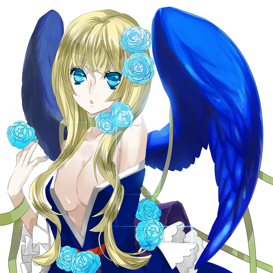 mami (apsaras), original, 1girl, :o, angel, bare shoulders, blonde hair, blue eyes, blue nails, breasts, choker, cleavage, dress flower, female focus, flower, frills, gathers, long hair, nail polish, off shoulder, open mouth, ribbon, solo, wings