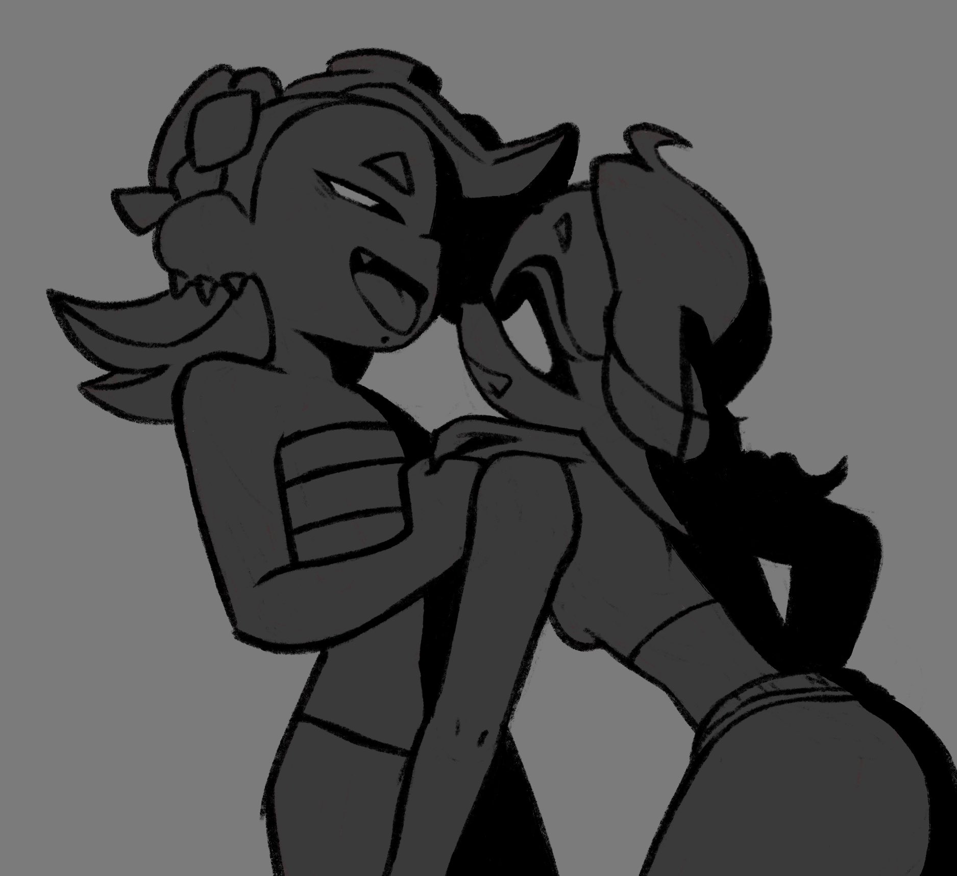 boffix, frye (splatoon), shiver (splatoon), nintendo, splatoon (series), splatoon 3, highres, 2girls, assertive female, bare arms, bare shoulders, breasts, chest sarashi, clothes pull, collar tug, crop top, earrings, eyelashes, fang, fangs, grey background, greyscale, hair ornament, hairband, inkling, jewelry, leaning forward, long hair, long pointy ears, looking at another, midriff, monochrome, multiple earrings, multiple girls, octoling, open mouth, pants, pointy ears, sarashi, shadow, short eyebrows, smile, tentacle hair, tongue, tongue out, x hair ornament, yuri