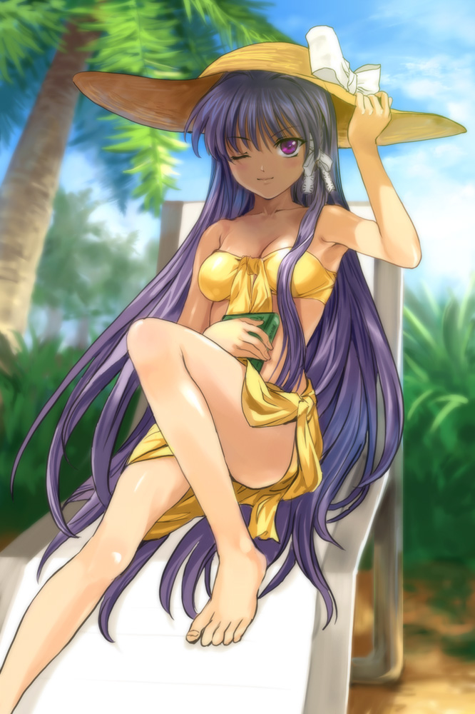 mutsuki (moonknives), fujibayashi kyou, clannad, key (company), 00s, 1girl, barefoot, bikini, book, chair, day, feet, female focus, hand on headwear, hat, higher resolution available, long hair, lounge chair, one eye closed, outdoors, palm tree, purple eyes, purple hair, sarong, solo, sun hat, swimsuit, toes, tree, very long hair, wink, yellow bikini