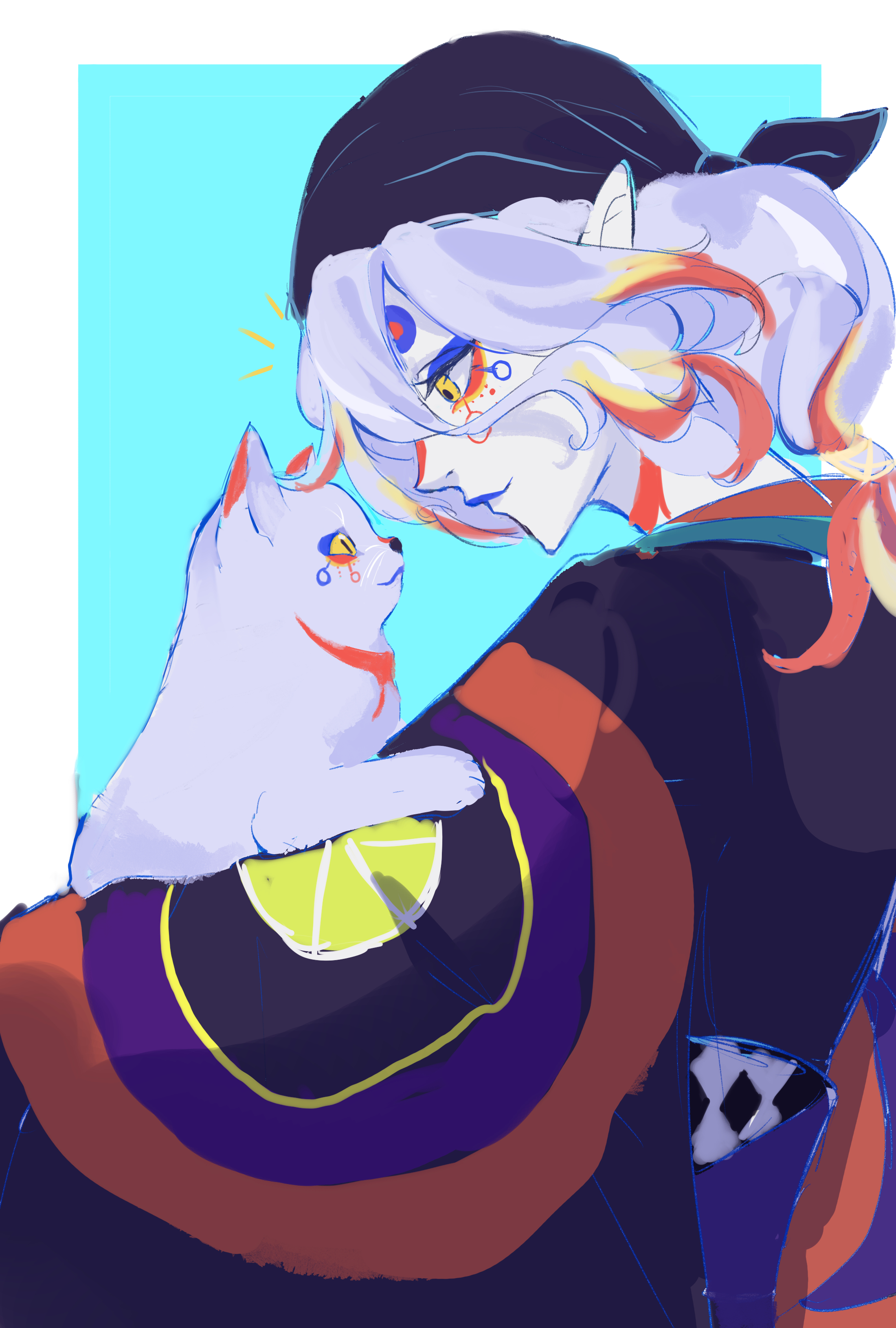 mashi (pixiv zcjd2538), gekijouban mononoke, mononoke, absurdres, highres, animal on arm, cat, food print, from side, fruit print, kusuriuri (gekijouban mononoke), lemon print, looking at animal, orange eyes, pointy ears, white hair