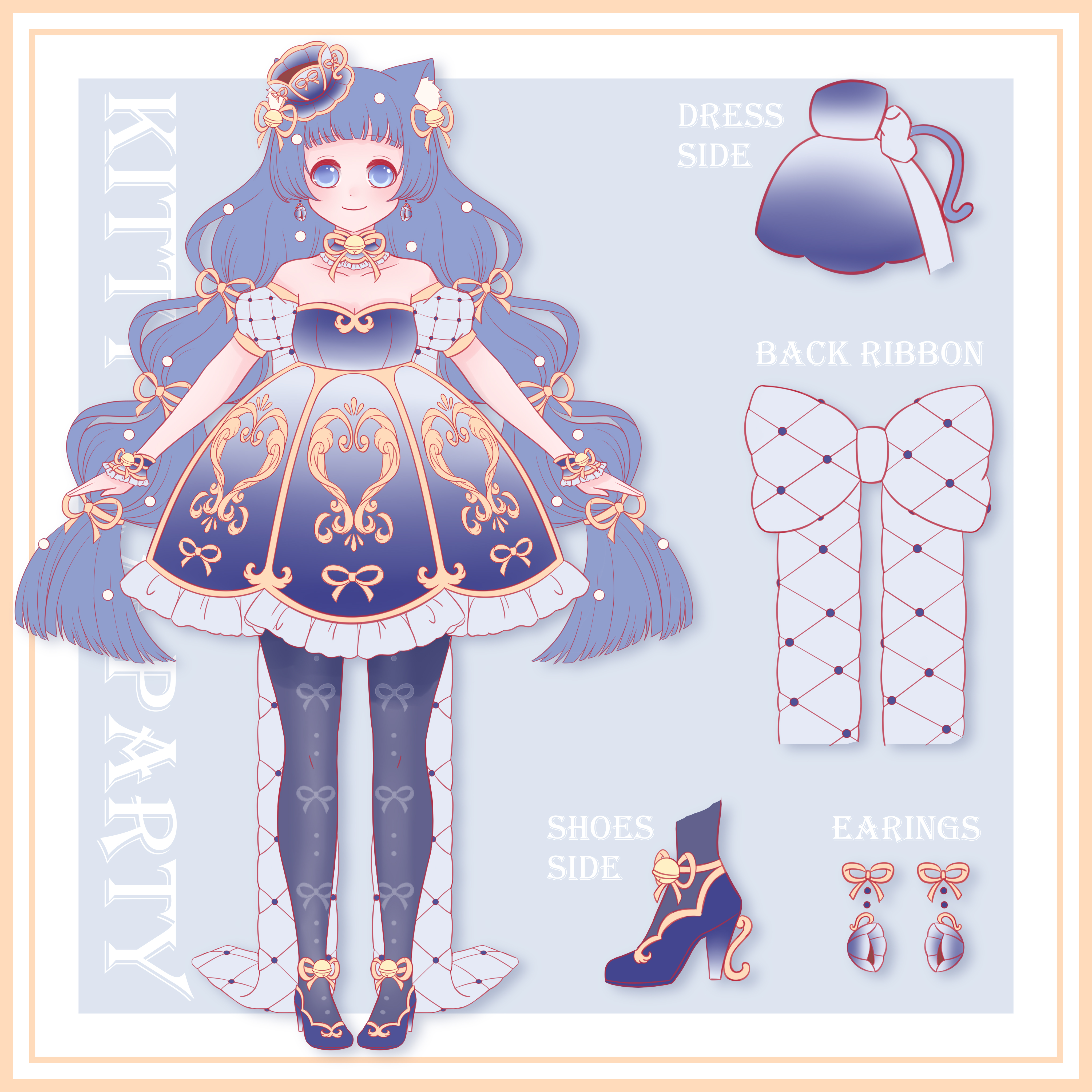sakura no hana, nikki (series), original, shining nikki, absurdres, commentary request, highres, 1girl, alternate color, animal ear fluff, animal ears, ankle bell, ankle ribbon, back bow, beads, bell, blue background, blue bow, blue collar, blue dress, blue eyes, blue hair, blue pantyhose, blue shoes, blue sleeves, blue wrist cuffs, blunt bangs, blunt ends, border, bow, breasts, cat ears, cat girl, character name, cleavage, closed mouth, collar, cup, detached collar, detached sleeves, dot nose, dress, english text, flat color, frilled collar, frilled dress, frilled wrist cuffs, frills, full body, hair beads, hair bell, hair ornament, happy, high heels, leg ribbon, light blush, lolita fashion, long hair, looking at viewer, low twintails, multi-tied hair, neck bell, neck ribbon, outside border, pantyhose, print pantyhose, puffy short sleeves, puffy sleeves, reference sheet, ribbon, ribbon earrings, ribbon print, saucer, shadow, shoes, short dress, short sleeves, smile, solo, standing, straight-on, strapless, strapless dress, tareme, tea, teacup, teacup earrings, twintails, very long hair, white border, wrist bell, wrist cuffs, wrist ribbon, yellow ribbon