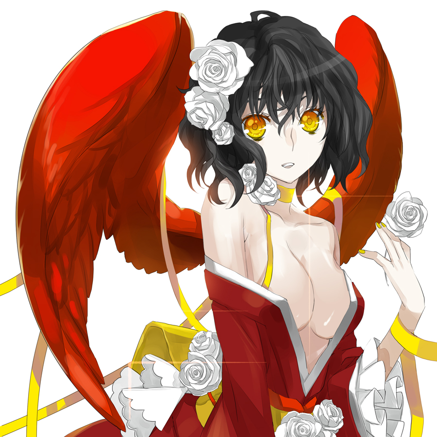mami (apsaras), original, 1girl, angel, bare shoulders, black hair, breasts, choker, cleavage, collarbone, dress flower, female focus, fingernails, flower, frills, gathers, japanese clothes, kimono, nail (hardware), nail polish, off shoulder, rose, short hair, solo, wings, yellow eyes, yellow nails