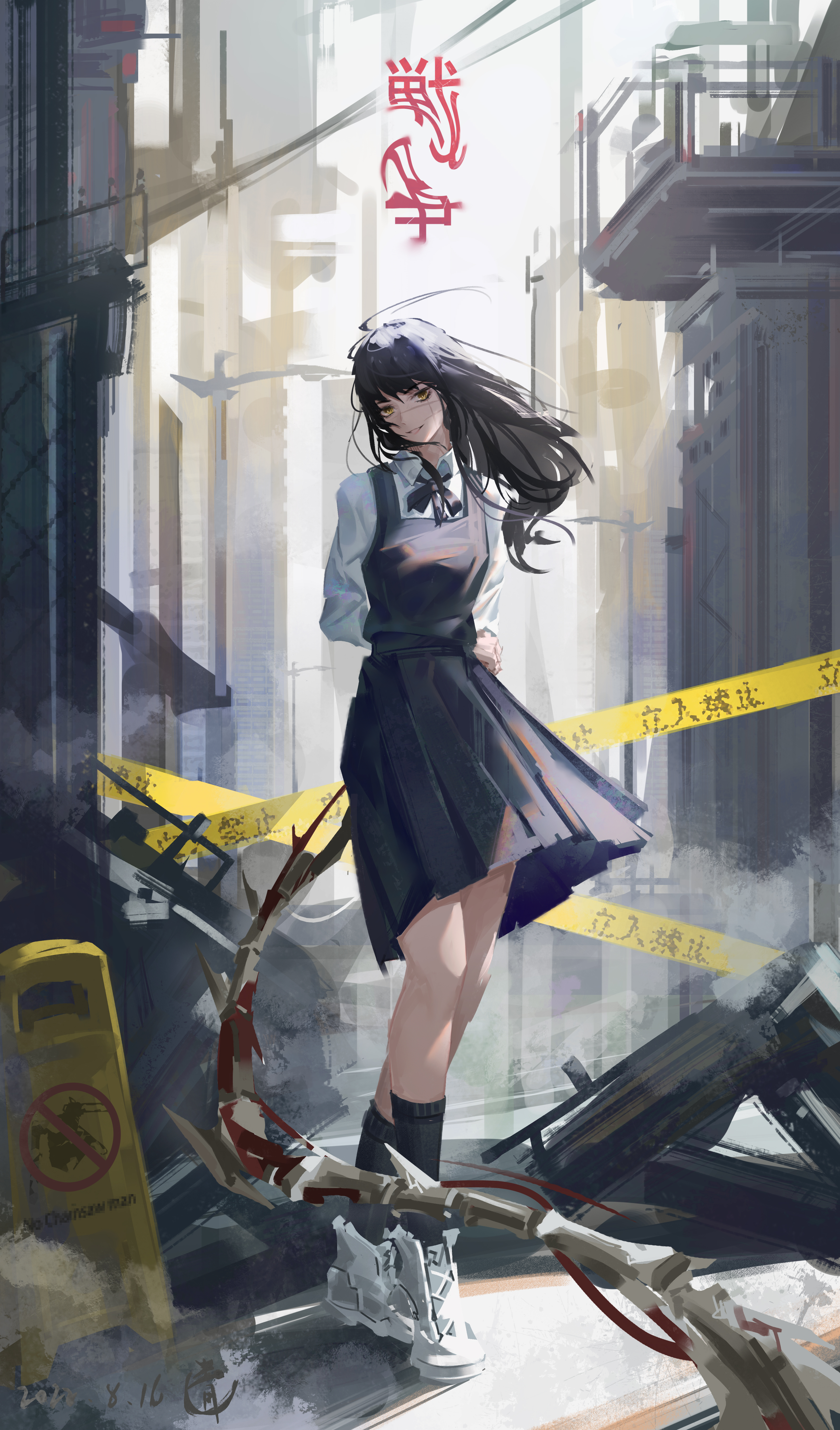 innocentaoi, yoru (chainsaw man), chainsaw man, absurdres, commentary, highres, 1girl, arms behind back, black dress, black hair, black ribbon, black socks, cross scar, dated, distortion, dress, floating hair, full body, long hair, long sleeves, looking at viewer, neck ribbon, outdoors, pinafore dress, pleated dress, ribbon, scar, scar on face, school uniform, shirt, shoes, sleeveless, sleeveless dress, sneakers, socks, solo, spine, straight hair, white shirt, yellow eyes