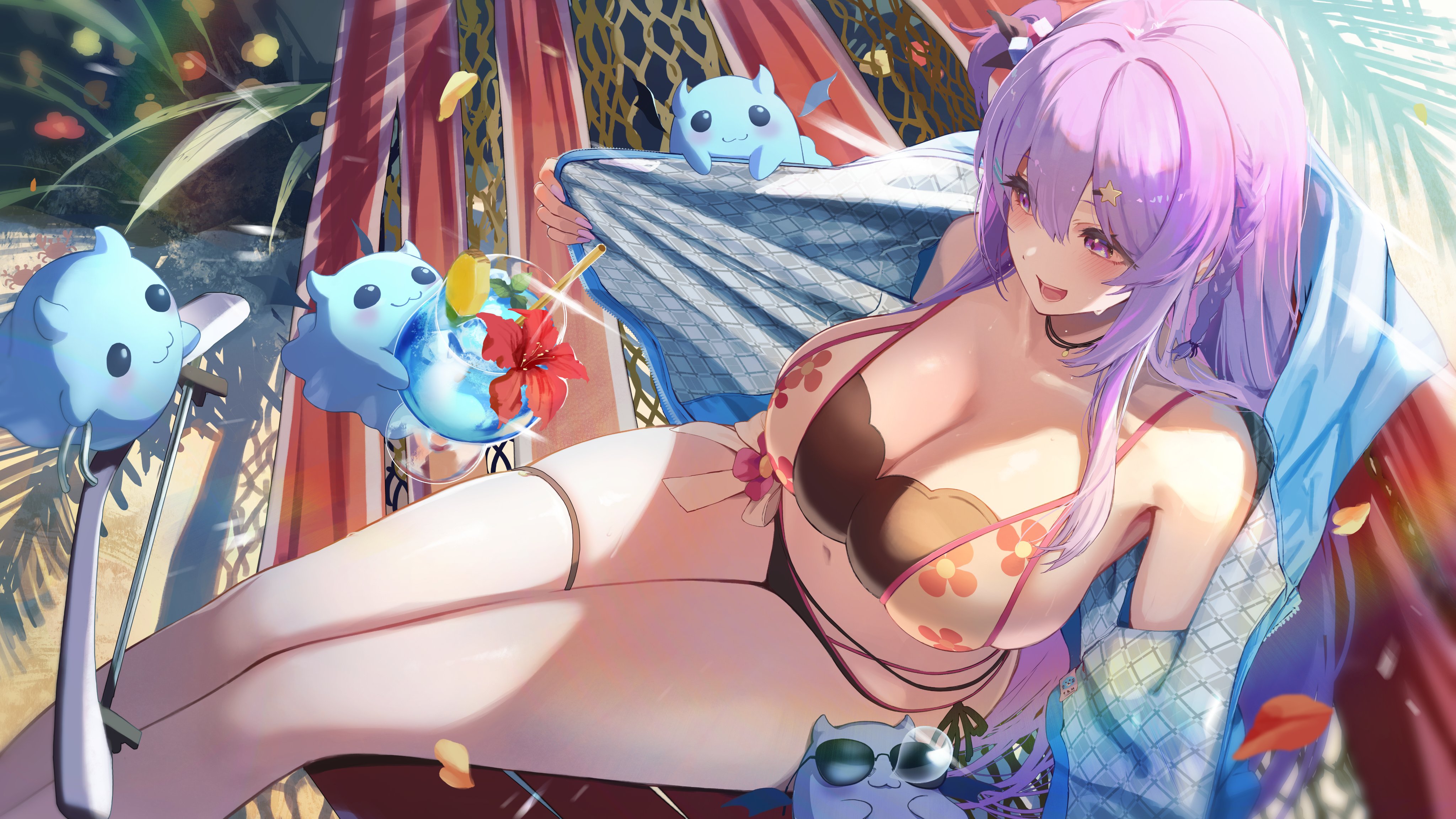 takechi akinobu, nasai ikumi, indie virtual youtuber, absurdres, highres, second-party source, 1girl, bikini, black bikini, black ribbon, blue jacket, braid, breasts, cleavage, cocktail, drink, floral print, floral print bikini, flower, hair ornament, hair ribbon, hammock, jacket, large breasts, long hair, navel, nose bubble, one side up, open clothes, open jacket, open mouth, pink flower, print bikini, purple eyes, purple hair, purple nails, red flower, ribbon, sand, shadow, side-tie bikini bottom, sitting, smile, star (symbol), star hair ornament, sunglasses, sweat, swimsuit, thigh strap, virtual youtuber