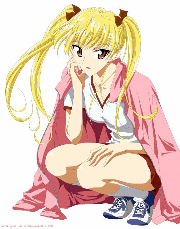 sawachika eri, school rumble, jpeg artifacts, 00s, 1girl, blonde hair, brown eyes, female focus, gym uniform, jacket, jacket on shoulders, long hair, looking at viewer, shoes, simple background, sneakers, solo, squatting, twintails, white background