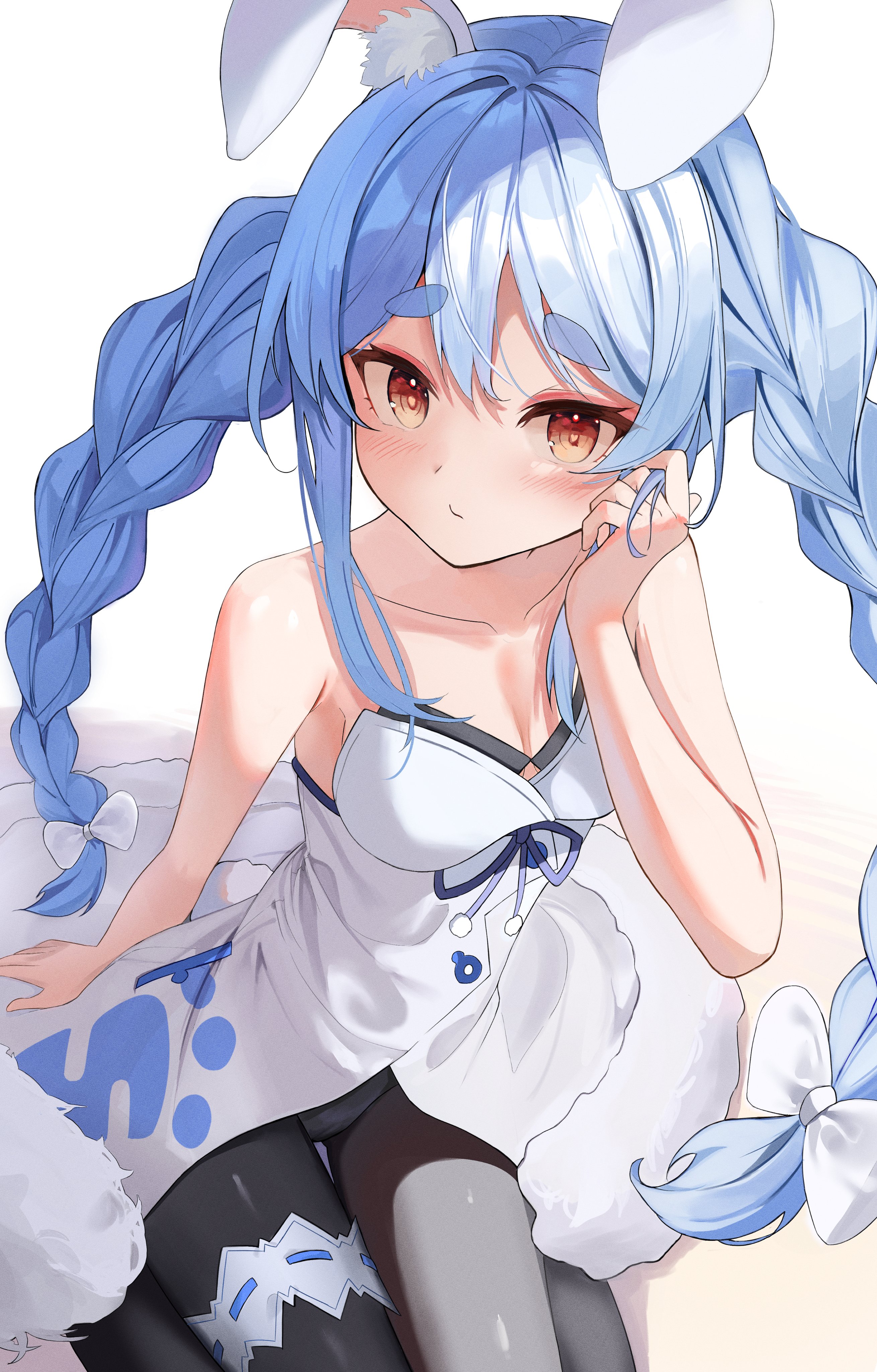hari (sgkun 12), usada pekora, hololive, absurdres, commentary request, highres, 1girl, animal ear fluff, animal ears, arm support, armpit crease, bare shoulders, black pantyhose, blue hair, blush, braid, breasts, brown eyes, center-flap bangs, cleavage, closed mouth, collarbone, double-parted bangs, dress, film grain, from above, hand up, long hair, looking at viewer, medium breasts, pantyhose, rabbit ears, simple background, sitting, solo, strapless, strapless dress, twin braids, very long hair, virtual youtuber, white background, white dress