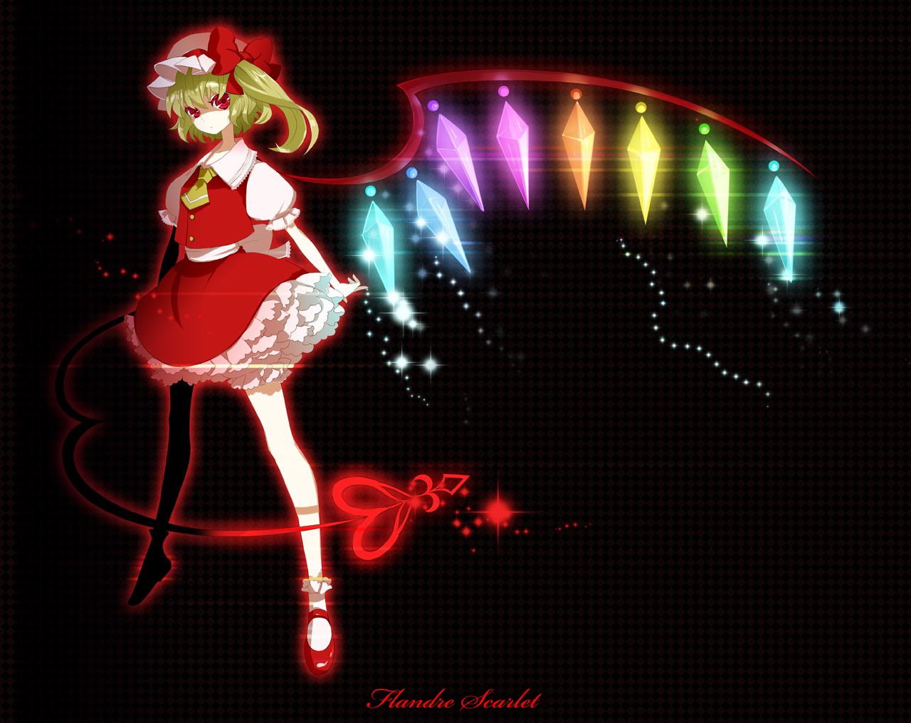 mami (apsaras), flandre scarlet, touhou, 1girl, black background, blonde hair, bloomers, bow, character name, crystal, dress, female focus, frills, glowing, hat, laevatein, mary janes, mob cap, rainbow order, red eyes, red skirt, shoes, side ponytail, skirt, socks, solo, underwear, white bloomers, wings