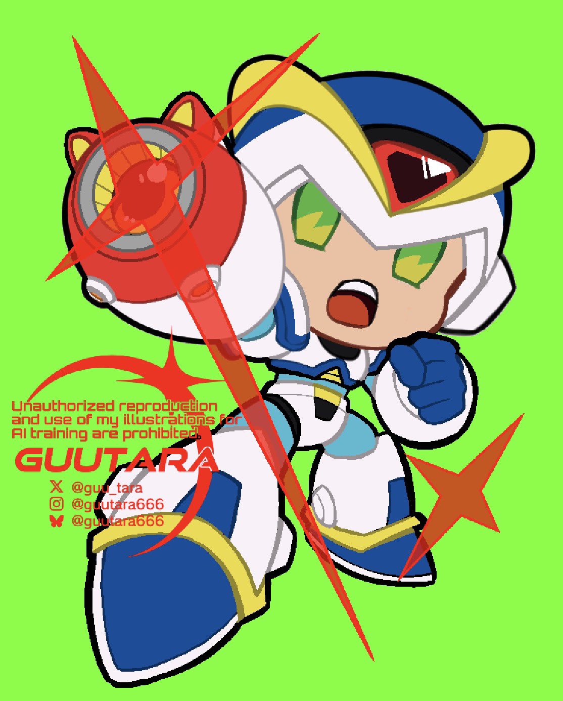guutara, first armor x (mega man), x (mega man), mega man (series), mega man x1, mega man x (series), highres, 1boy, arm cannon, armor, chibi, full body, green background, helmet, male focus, open mouth, simple background, solo, teeth, upper teeth only, watermark, weapon, white armor, white helmet