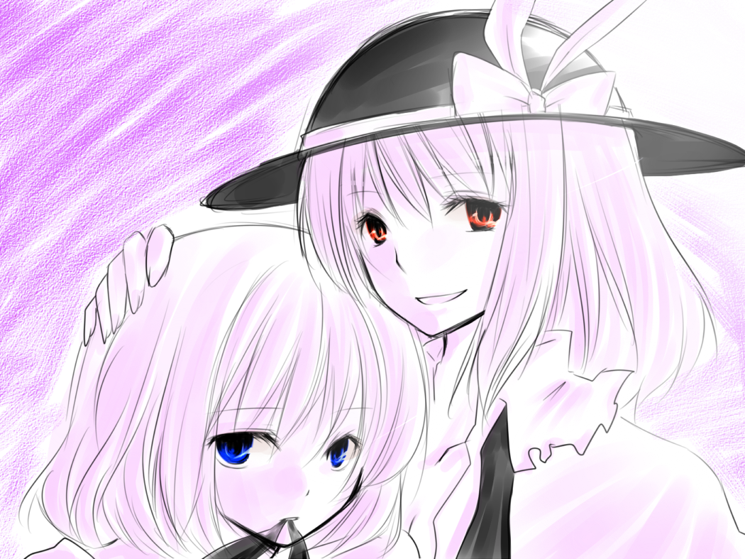 you at pome, alice margatroid, nagae iku, touhou, bad id, bad pixiv id, 2girls, blue eyes, female focus, hat, monochrome, multiple girls, red eyes, short hair, spot color