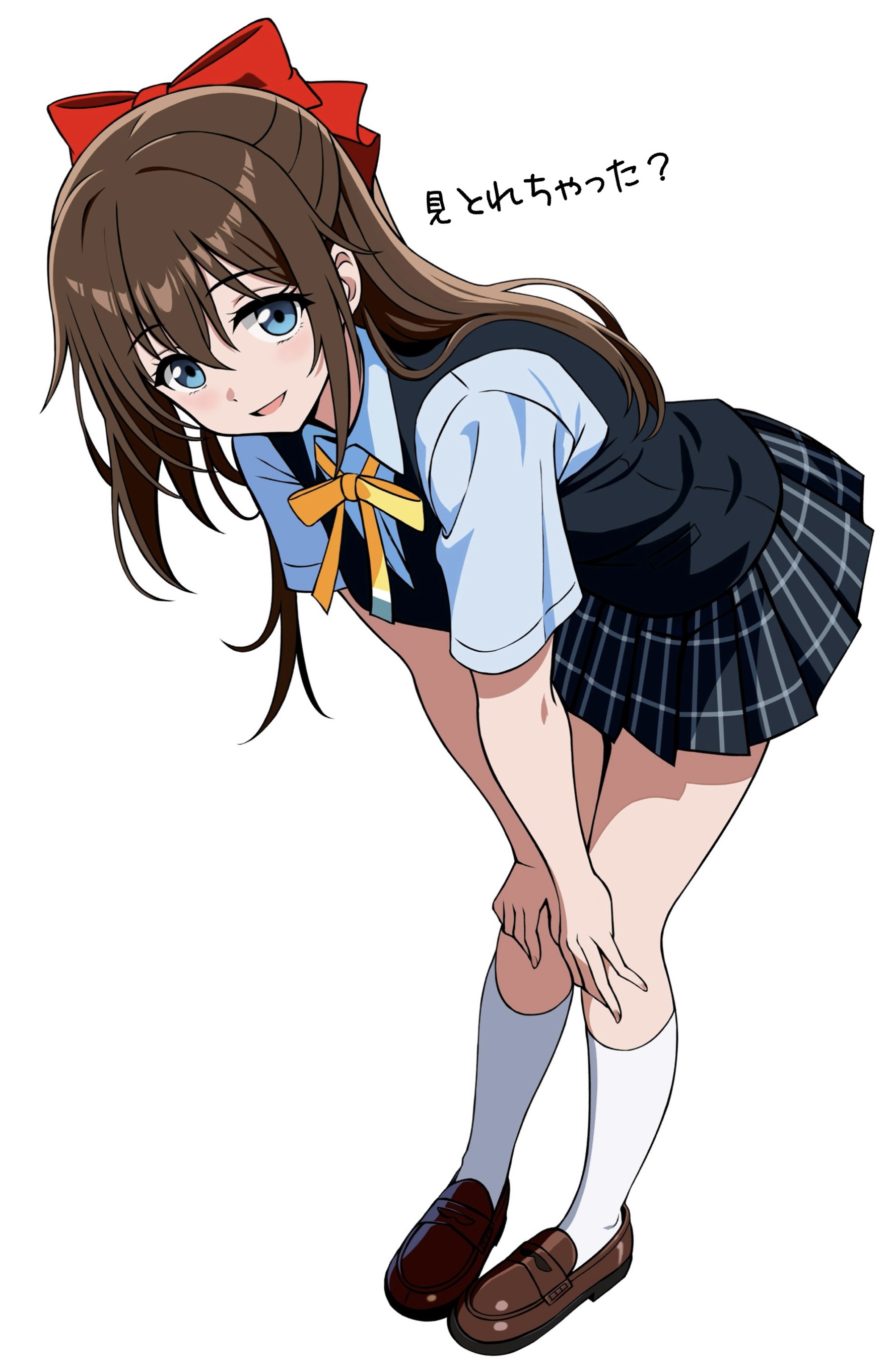 zaofeng, osaka shizuku, love live!, love live! nijigasaki high school idol club, absurdres, commentary request, highres, translation request, 1girl, blue eyes, blue shirt, blue skirt, blue vest, blush, bow, brown hair, collared shirt, full body, hair between eyes, hair bow, hands on own knees, kneehighs, leaning forward, loafers, long hair, looking at viewer, neck ribbon, nijigasaki school uniform, open mouth, plaid clothes, plaid skirt, pleated skirt, red bow, ribbon, school uniform, shirt, shoes, short sleeves, sidelocks, simple background, skirt, smile, socks, solo, summer uniform, vest, white background, white socks, yellow ribbon