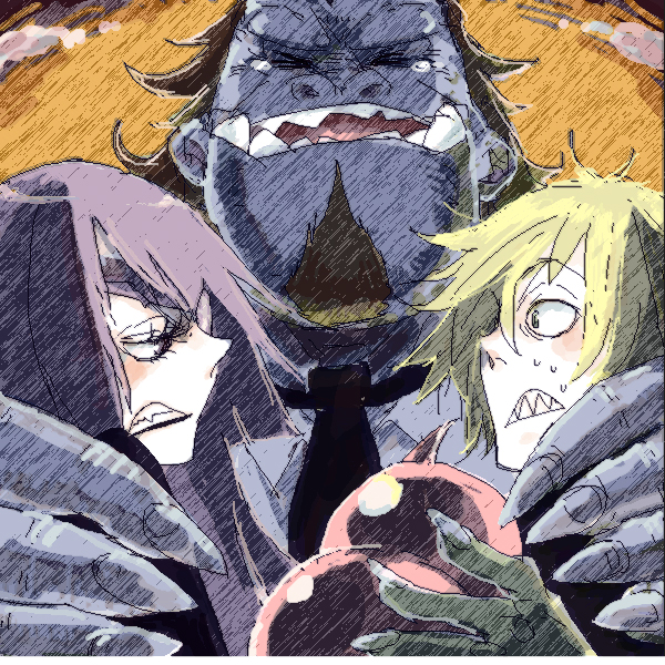 sumiso, adiane, thymilph, viral (ttgl), tengen toppa gurren lagann, bad id, bad pixiv id, 00s, 1girl, 2boys, blonde hair, blush, clenched teeth, fangs, from side, holding, marble (toy), monster, multiple boys, oekaki, profile, purple hair, sharp teeth, teeth, upper body