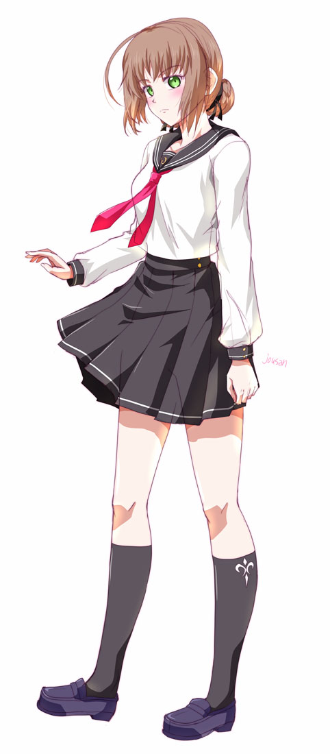 xiacheng tatsuya, duvalie, eiyuu densetsu, hajimari no kiseki, 1girl, artist name, black socks, blush, bob cut, braid, brown hair, bun with braided base, clothes lift, green eyes, hair bun, loafers, necktie, red necktie, school uniform, shoes, short hair, simple background, single hair bun, skirt, skirt lift, socks, solo, tachi-e, white background