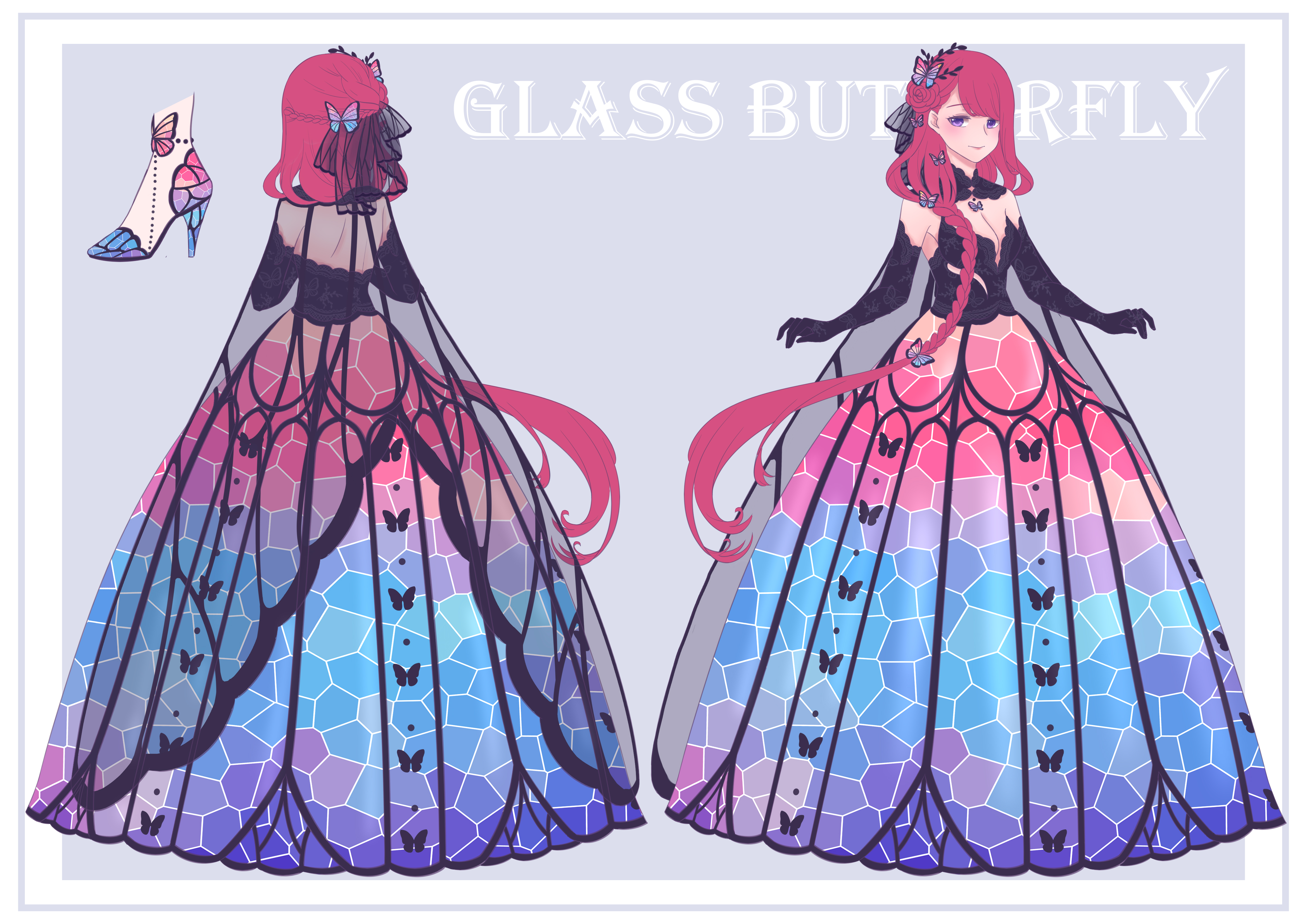 sakura no hana, nikki (series), original, shining nikki, absurdres, commentary request, highres, 1girl, animal print, bare shoulders, black cape, black collar, black dress, black gloves, black ribbon, blue dress, border, braid, breasts, butterfly hair ornament, butterfly print, cape, center opening, character name, cleavage, closed mouth, collar, detached collar, dress, elbow gloves, english text, flower, from behind, full body, gloves, gown, gradient clothes, gradient dress, grey background, hair flower, hair ornament, hair over shoulder, hair ribbon, happy, high heels, light blush, long hair, looking at viewer, multicolored dress, multicolored shoes, multiple views, outside border, print cape, print dress, print gloves, print ribbon, print shoes, purple eyes, red dress, red flower, red hair, reference sheet, ribbon, see-through cape, see-through ribbon, shoulder blades, single braid, small breasts, smile, standing, strapless, strapless dress, swept bangs, very long hair, white border