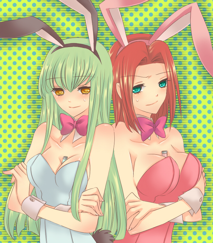 tourin fuwa, c.c., kouzuki kallen, code geass, bad id, bad pixiv id, 00s, animal ears, blue eyes, fake animal ears, green hair, long hair, playboy bunny, rabbit ears, red hair, short hair, yellow eyes