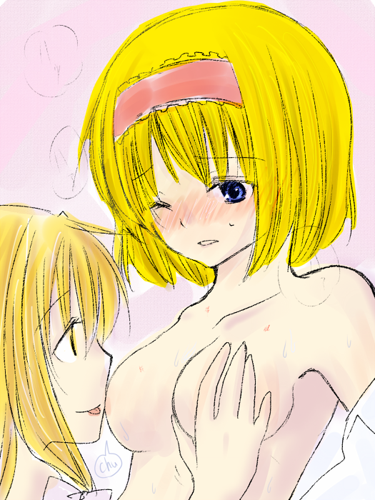 you at pome, alice margatroid, kirisame marisa, touhou, bad id, bad pixiv id, 2girls, bare shoulders, blonde hair, blue eyes, blush, breasts, eye contact, female focus, grabbing another's breast, groping, hairband, licking, licking breast, looking at another, moaning, multiple girls, naughty face, nipples, nude, open clothes, open shirt, shirt, short hair, sweat, tongue, topless female, undressing, wince, yellow eyes, yuri