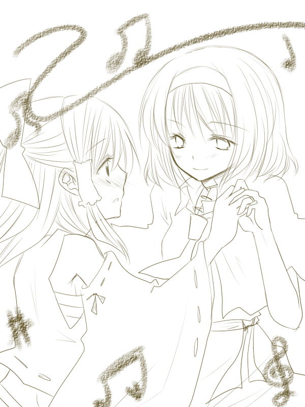 you at pome, alice margatroid, hakurei reimu, touhou, bad id, bad pixiv id, 2girls, blush, dancing, detached sleeves, female focus, greyscale, hairband, japanese clothes, miko, monochrome, multiple girls, musical note, necktie, short hair, smile, white background