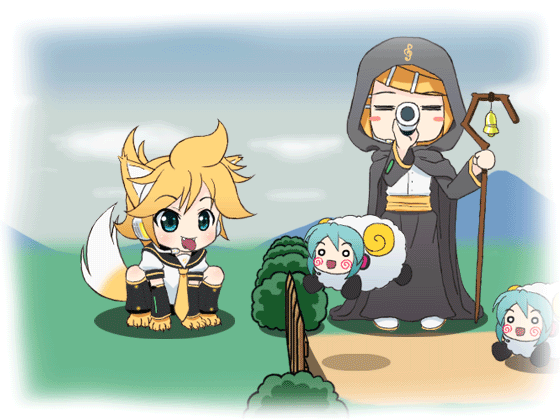 mameshiba (pixiv 59310), hachune miku, hatsune miku, kagamine len, kagamine rin, vocaloid, animated, animated gif, animal ears, bell, chibi, dog, dog ears, dual persona, fangs, fence, flute, hood, horns, instrument, jumping, open mouth, sheep, shepherd, shepherd's crook, shepherdess, staff, tail
