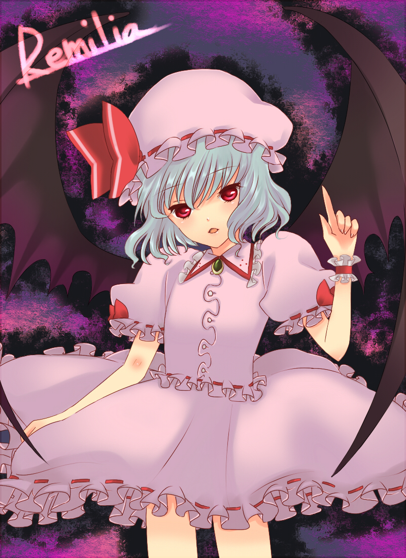 tourin fuwa, remilia scarlet, touhou, bad id, bad pixiv id, 1girl, bat wings, dress, female focus, hat, hat ribbon, red eyes, ribbon, solo, wings