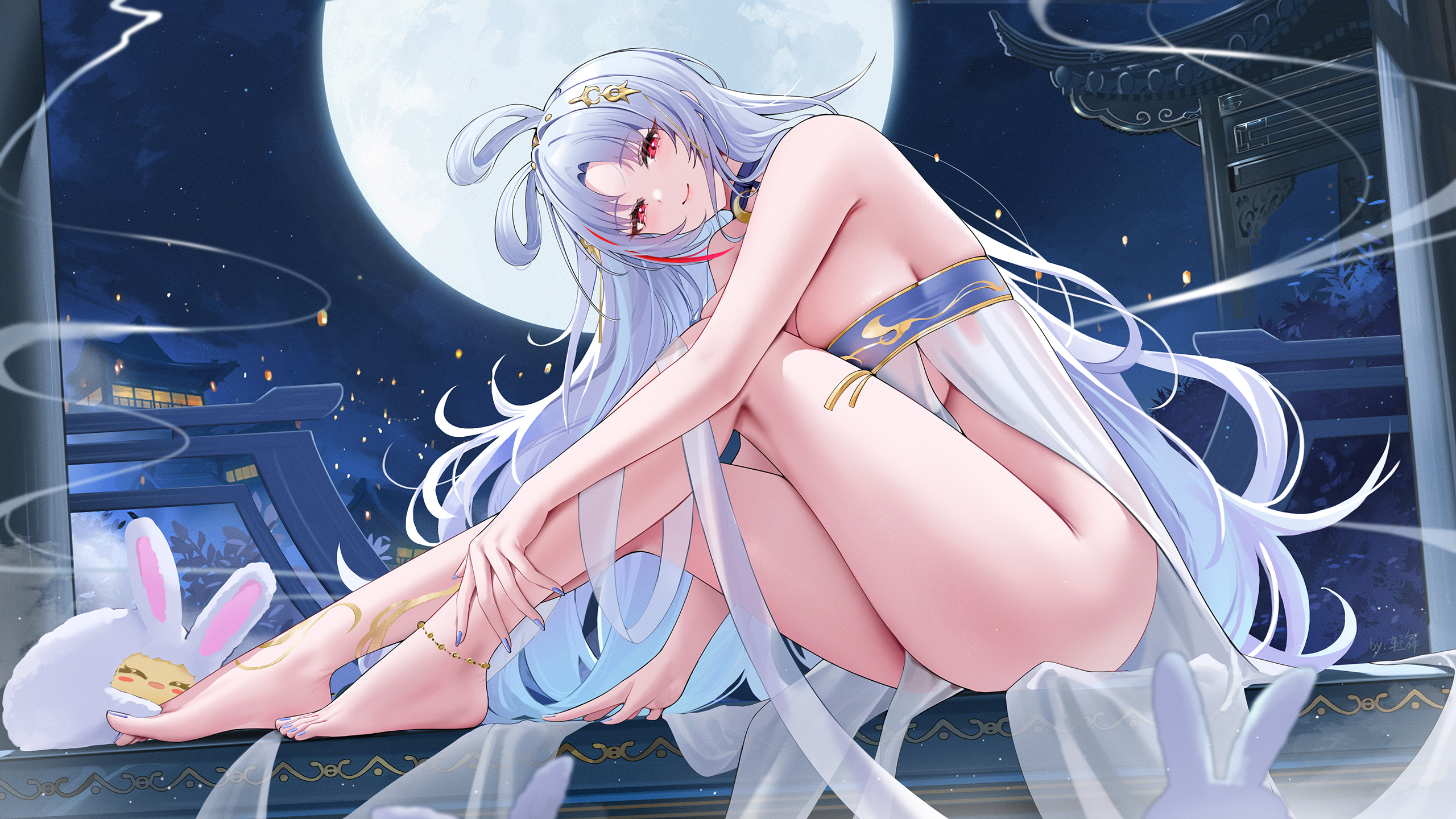 qing wu, tallinn (azur lane), tallinn (night of full moon and overflowing love) (azur lane), azur lane, commentary request, highres, 1girl, barefoot, blue nails, bottomless, breasts, closed mouth, fingernails, from side, full moon, grey hair, hair rings, knees up, large breasts, long hair, looking at viewer, moon, nail polish, night, night sky, official alternate costume, red eyes, red streaks, sky, smile, solo, star (sky), starry sky, thick thighs, thighs, toes, very long hair