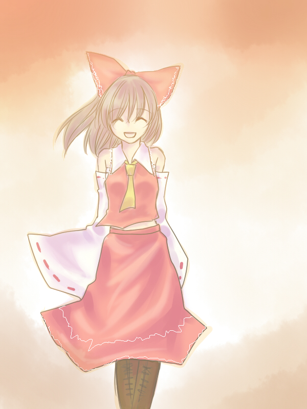 you at pome, hakurei reimu, touhou, bad id, bad pixiv id, 1girl, brown hair, detached sleeves, female focus, gradient background, japanese clothes, miko, necktie, skirt, smile, solo, square-end necktie, white background