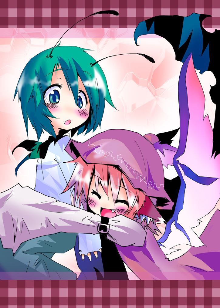 kuroneko no toorimichi, mystia lorelei, wriggle nightbug, touhou, 2girls, animal ears, antennae, blush, fang, female focus, glomp, green eyes, green hair, happy, hat, hug, multiple girls, no nose, pink hair, surprised, wings