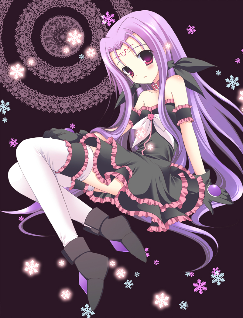 shirogane hina, asclepius (nanoha), lutecia, lutecia alpine, lyrical nanoha, mahou shoujo lyrical nanoha, 00s, 1girl, black dress, blush, collarbone, dress, female focus, flower, frilled thigh strap, frills, long hair, looking at viewer, purple hair, solo, tareme, thigh strap, thighhighs, very long hair, white thighhighs, zettai ryouiki