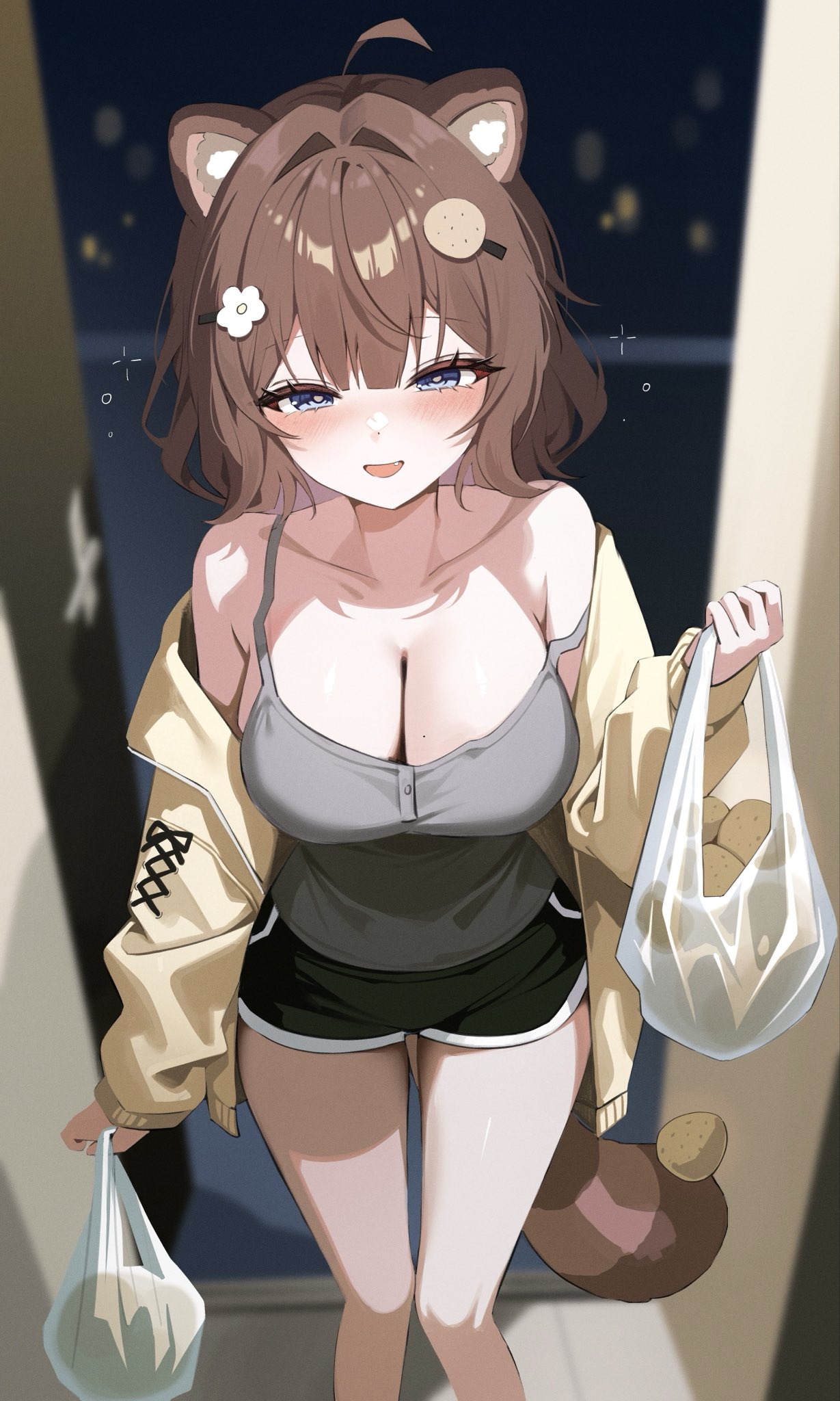 iyusei 02, original, commentary request, commission, highres, 1girl, ahoge, animal ears, bare shoulders, black shorts, blue eyes, blurry, blush, bokeh, breasts, brown hair, camisole, cleavage, collarbone, depth of field, dolphin shorts, door, fang, grey shirt, hair ornament, hairclip, holding, jacket, large breasts, long hair, long sleeves, looking at viewer, mole, mole on breast, off shoulder, open clothes, open jacket, open mouth, shirt, short shorts, shorts, sleeveless, sleeveless shirt, smile, solo, standing, strap slip, tail, thighs, yellow jacket