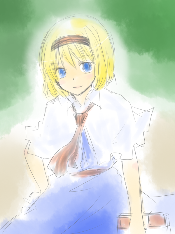 you at pome, alice margatroid, touhou, bad id, bad pixiv id, 1girl, blonde hair, blue eyes, book, female focus, grimoire, grimoire of alice, hairband, necktie, short hair, solo