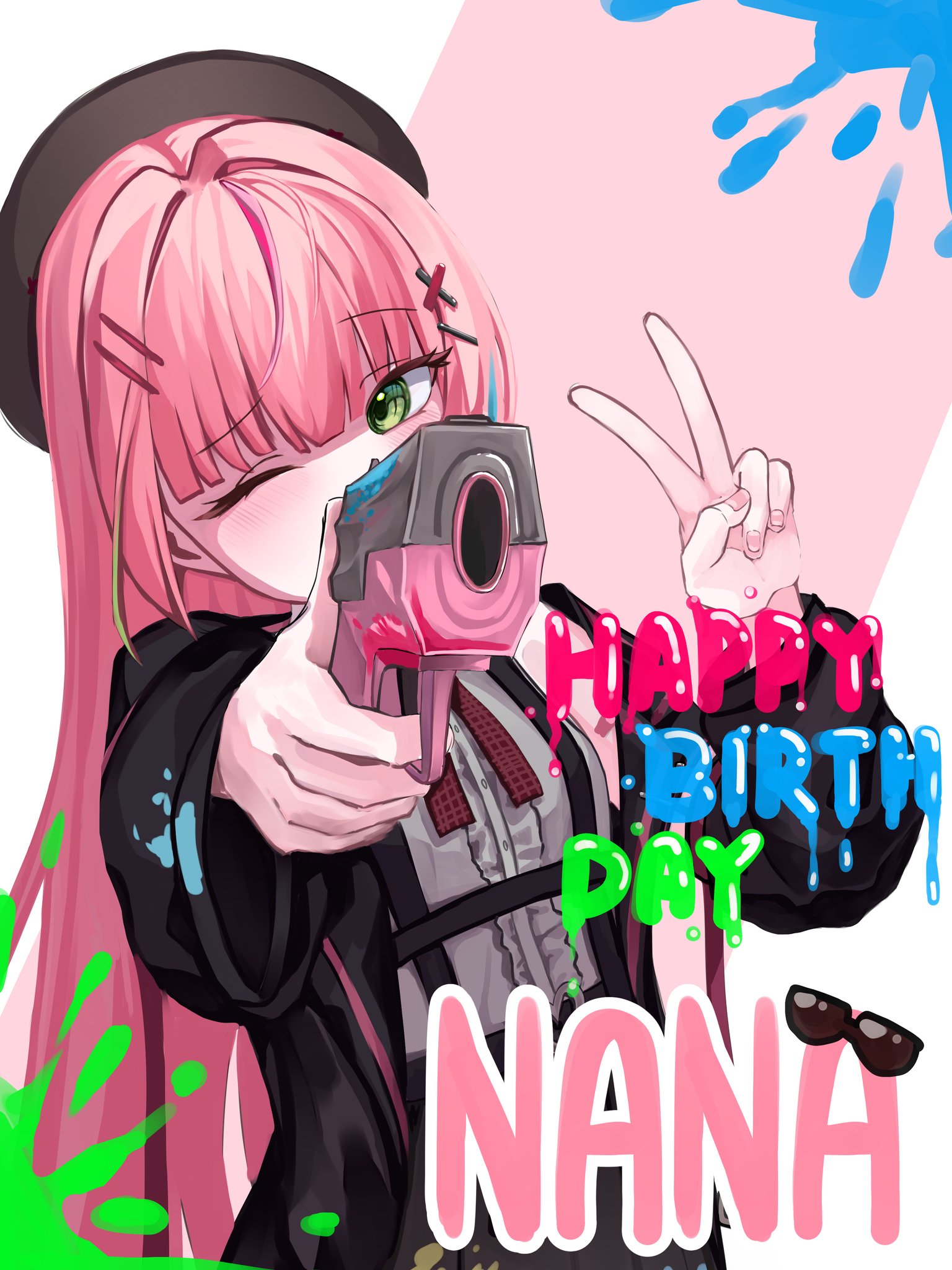 makaer1117, hanako nana, stellive, commentary request, highres, korean commentary, mixed-language commentary, 1girl, beret, black hat, black jacket, blush, center frills, character name, english text, fingernails, frilled shirt, frills, green eyes, grey shirt, gun, hair ornament, hairclip, hands up, happy birthday, hat, holding, holding gun, holding weapon, jacket, long hair, long sleeves, one eye closed, open clothes, open jacket, outstretched arm, paint on clothes, paint splatter, parallel hairclips, pink hair, shirt, solo, straight hair, suspenders, two-tone background, upper body, v, very long hair, virtual youtuber, weapon, x hair ornament