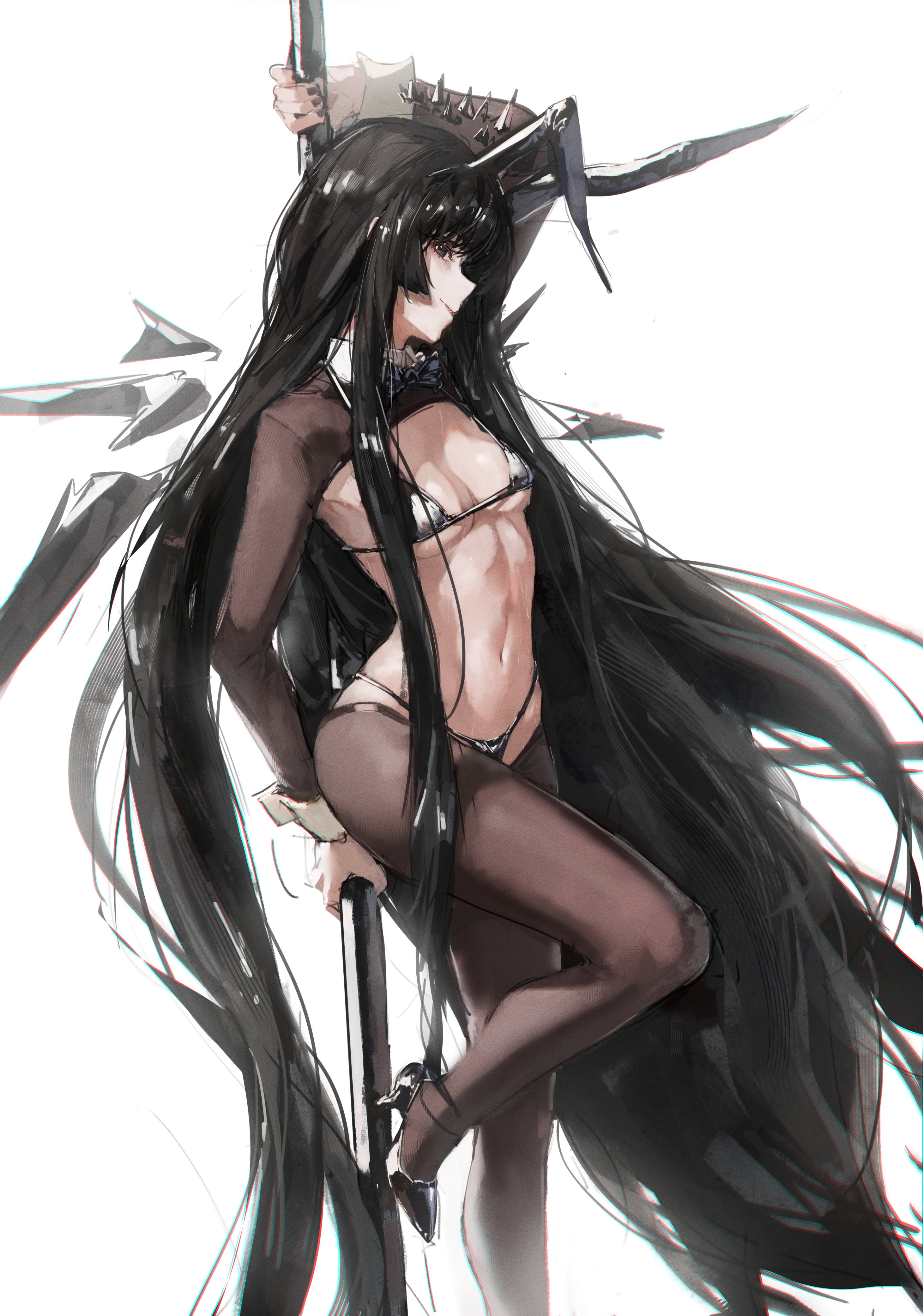 gandy (gan3e46), virtuosa (arknights), arknights, absurdres, commentary, highres, making-of available, alternate costume, animal ears, arm up, bikini, black bikini, black eyes, black hair, black nails, black shoes, black wings, breasts, brown pantyhose, brown shrug, collar, detached wings, energy wings, fake animal ears, foot out of frame, hair over shoulder, high heels, holding, holding pole, large breasts, long hair, long sleeves, looking at viewer, micro bikini, nail polish, navel, pantyhose, parted lips, pole, pole dancing, rabbit ears, reverse bunnysuit, reverse outfit, shoes, shrug (clothing), simple background, solo, stomach, swimsuit, very long hair, white background, white collar, wings