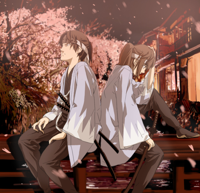 neemui, original, bad id, bad pixiv id, 1boy, brown hair, cherry blossoms, haori, headband, japanese clothes, katana, male focus, shinsengumi, sitting, solo, sword, weapon