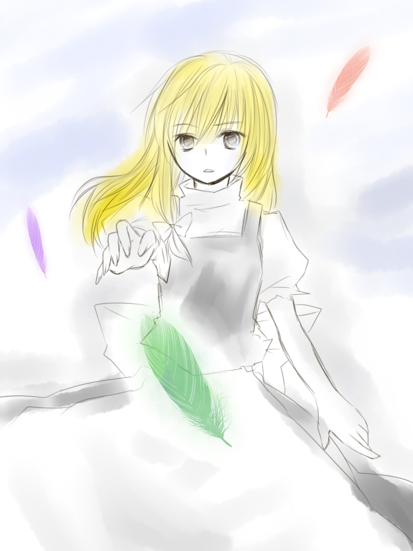 you at pome, kirisame marisa, touhou, bad id, bad pixiv id, 1girl, blonde hair, feathers, female focus, gradient background, outdoors, partially colored, skirt, sky, solo, white background