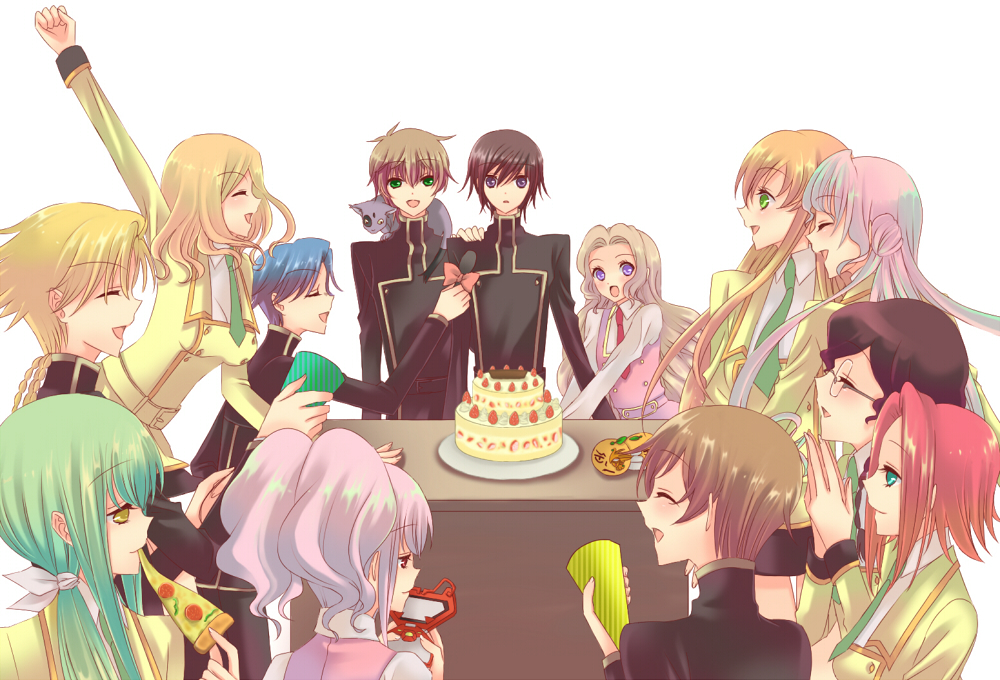 tourin fuwa, anya alstreim, arthur (code geass), c.c., euphemia li britannia, gino weinberg, jeremiah gottwald, kouzuki kallen, kururugi suzaku, lelouch vi britannia, milly ashford, nina einstein, nunnally vi britannia, rivalz cardemonde, rolo lamperouge, shirley fenette, code geass, bad id, bad pixiv id, 00s, 5boys, 6+girls, birthday, cake, candle, cat, everyone, food, fruit, glasses, happy birthday, microphone, multiple boys, multiple girls, orange (fruit), party, pastry, pizza, school uniform