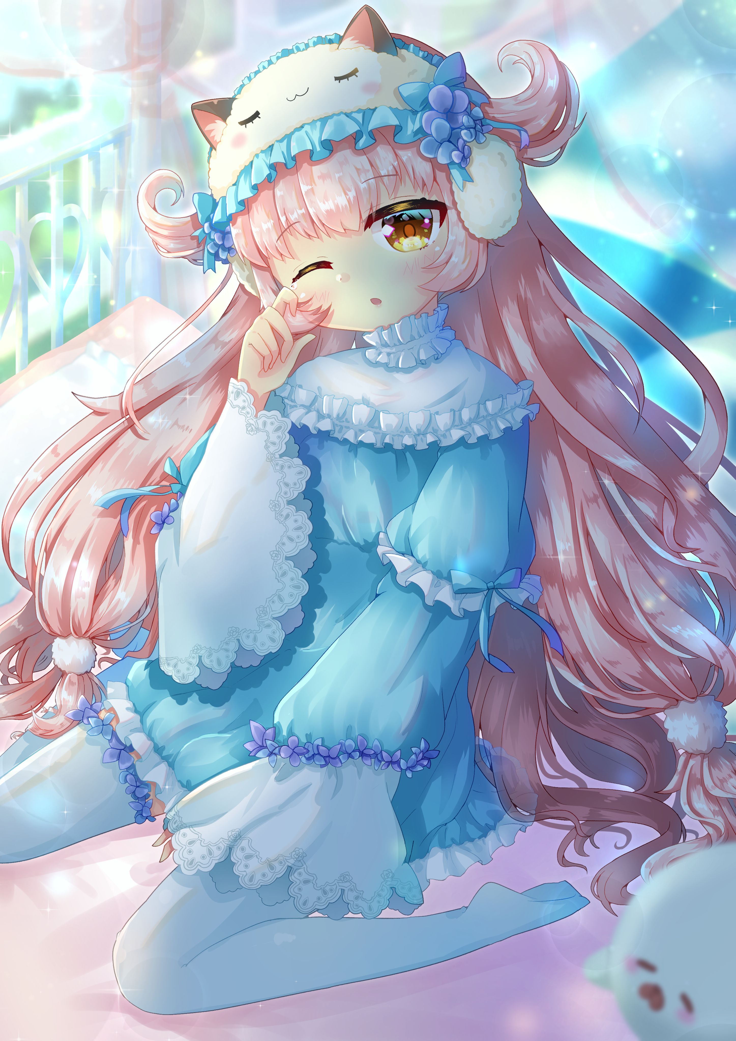 konnoinari, nikki (series), shining nikki, absurdres, commentary request, highres, 1girl, ;o, balcony, blue bow, blue dress, blue sky, blunt bangs, bow, brown eyes, choker, covered collarbone, day, dot nose, dress, earmuffs, frilled choker, frilled sleeves, frilled thighhighs, frills, full body, hair ornament, indoors, layered sleeves, light blush, light particles, light rays, long hair, long sleeves, looking at viewer, mask, mask on head, no shoes, on bed, one eye closed, open mouth, peppermint (shining nikki), pink hair, pom pom (clothes), pom pom hair ornament, rubbing eyes, shirt, shirt under dress, short dress, short over long sleeves, short sleeves, sitting, sky, sleep mask, sleepy, sleeve bow, sleeves past wrists, solo, stuffed seal, sunlight, thighhighs, very long hair, wariza, wavy hair, white bag, white choker, white mask, white shirt, wide sleeves