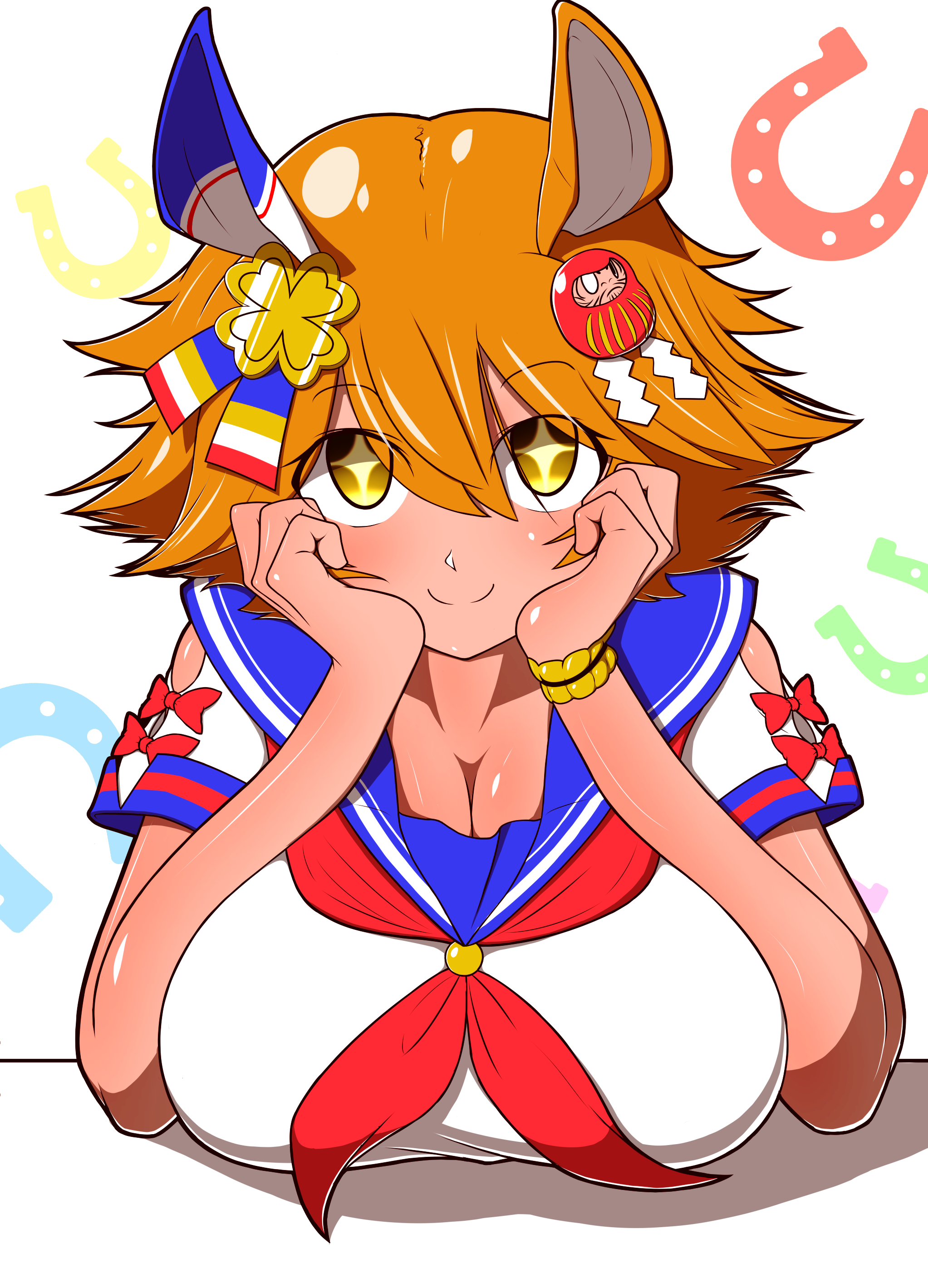 samuraisouru1954, matikanefukukitaru (rising fortune) (umamusume), matikanefukukitaru (umamusume), umamusume, absurdres, commentary request, highres, + +, 1girl, animal ears, bare shoulders, closed mouth, clothing cutout, clover hair ornament, daruma doll, hair ornament, hands up, head rest, horse ears, horse girl, neckerchief, orange hair, red neckerchief, sailor collar, shirt, short hair, short sleeves, shoulder cutout, simple background, smile, solo, teeth, upper body, upper teeth only, white background, white shirt, yellow eyes