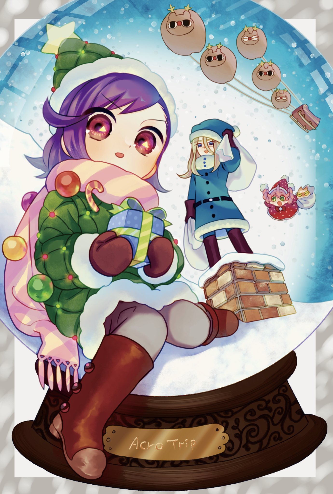 berry blossom, chroma (acro trip), acro trip, highres, official art, 1boy, 2girls, animal ears, bear, bear ears, blonde hair, blue eyes, blue santa costume, boots, box, brown gloves, cat, cat ears, chimney, christmas, christmas tree hat, coat, copyright name, fake antlers, flying, gift, gift box, gloves, green coat, green eyes, grey pants, hair between eyes, hat, holding, holding gift, holding sack, in container, in sack, in snow globe, kuma kaijin, long hair, long sleeves, looking at viewer, magical girl, mascot, mashirou, multiple girls, open mouth, pants, pink hair, purple hair, red boots, red eyes, sack, santa costume, santa hat, sawatayone, scar, scar on face, scar on nose, scarf, sleigh, snow, striped clothes, striped scarf, symbol-shaped pupils, triangle-shaped pupils, winter clothes, winter coat, winter gloves