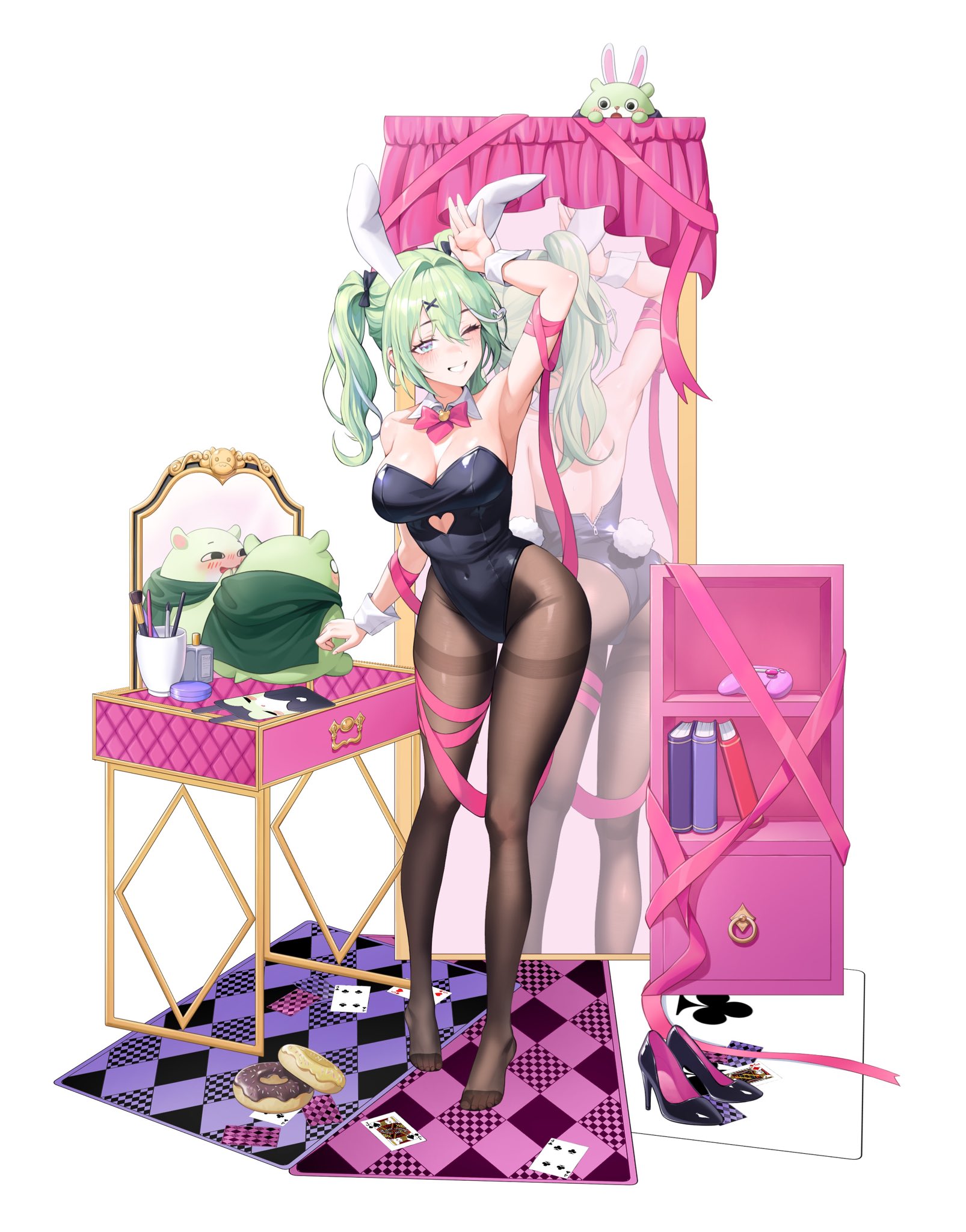 tiger june, chico (yuzuha riko), yuzuha riko, stellive, commentary request, highres, korean commentary, 1girl, animal ears, arm up, armpits, ass, black bow, black hiphighs, black leotard, black shoes, blush, book, bow, bowtie, breasts, card, cleavage, collar, controller, covered navel, creature, cup, desk, detached collar, donut, double-parted bangs, fake animal ears, fake tail, food, full body, game controller, green hair, grey eyes, grin, hair between eyes, hair bow, hair intakes, hair ornament, high heels, hiphighs, large breasts, leotard, looking at viewer, makeup brush, medium hair, mirror, no shoes, one eye closed, pink bow, pink bowtie, playboy bunny, playing card, rabbit ears, rabbit tail, reflection, shoes, simple background, smile, solo, standing, tail, thighband hiphighs, twintails, unworn shoes, white background, white collar, white wrist cuffs, wing collar, wrist cuffs, x hair ornament