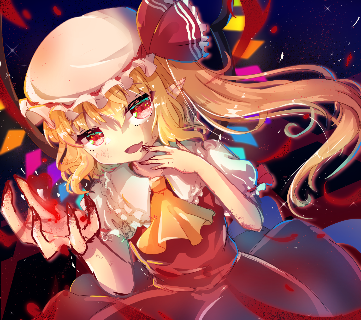 konnoinari, flandre scarlet, touhou, commentary request, highres, 1girl, ascot, bare arms, black background, blonde hair, blood, blood drip, blood on hands, bow, circle skirt, collared shirt, cowboy shot, crystal wings, eyelashes, fang, floating clothes, floating hair, frilled headwear, frilled shirt collar, frilled sleeves, frills, hair between eyes, hand on own chin, hat, hat bow, light blush, light particles, long hair, looking at viewer, magic, mob cap, open mouth, pleated skirt, pointy ears, puffy short sleeves, puffy sleeves, red bow, red eyes, red skirt, red vest, shirt, short sleeves, side ponytail, skin fang, skirt, skirt set, smile, solo, very long hair, vest, white hat, white shirt, wings, yellow ascot