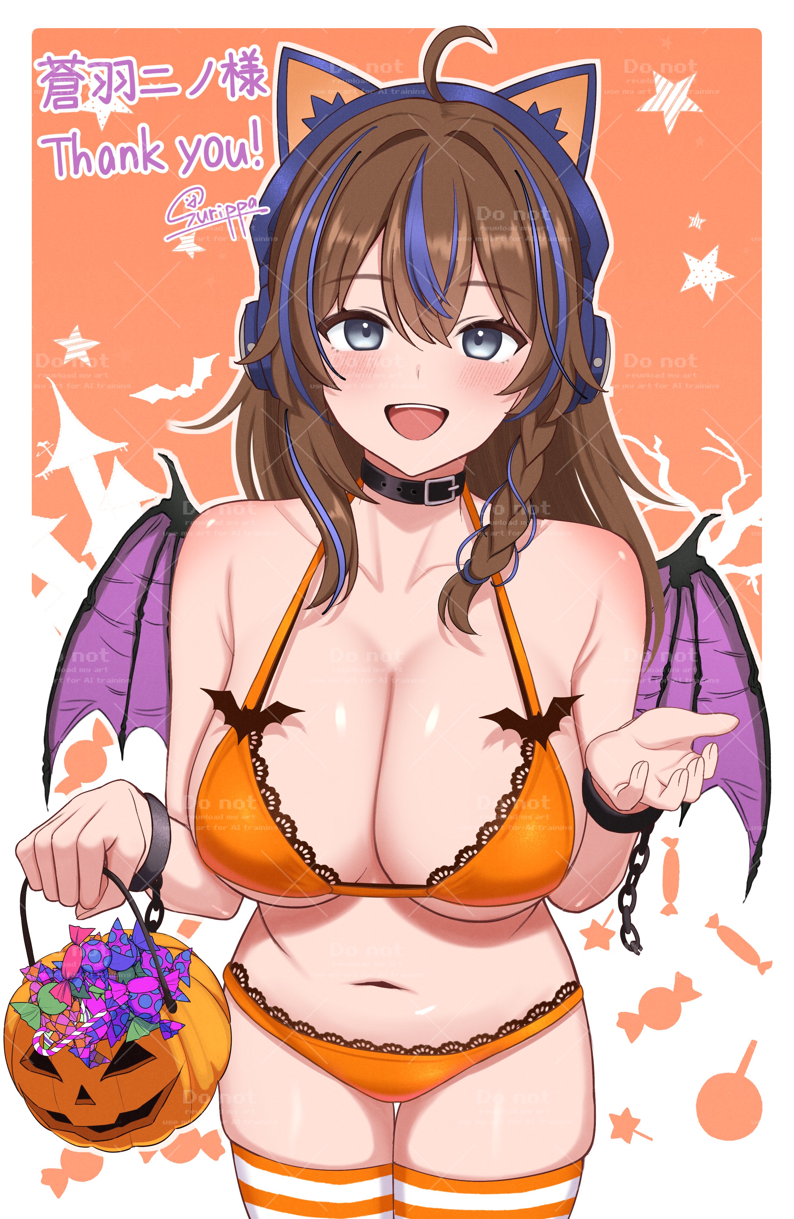 surippa1010, original, vrchat, absurdres, commentary request, commission, highres, second-party source, skeb commission, 1girl, ahoge, animal ear headphones, animal ears, armpit crease, bare shoulders, basket, bat wings, belt buckle, bikini, black choker, blue hair, braid, breasts, brown hair, buckle, candy, cat ear headphones, cat ears, chain, choker, cleavage, collarbone, cowboy shot, cuffs, fake animal ears, food, grey eyes, halloween bucket, halterneck, handcuffs, headphones, holding, holding basket, lace, lace-trimmed bikini, lace trim, large breasts, long hair, looking at viewer, multicolored hair, navel, open mouth, orange bikini, skindentation, smile, solo, stomach, streaked hair, string bikini, striped clothes, striped thighhighs, swimsuit, thigh gap, thighhighs, thighs, wings
