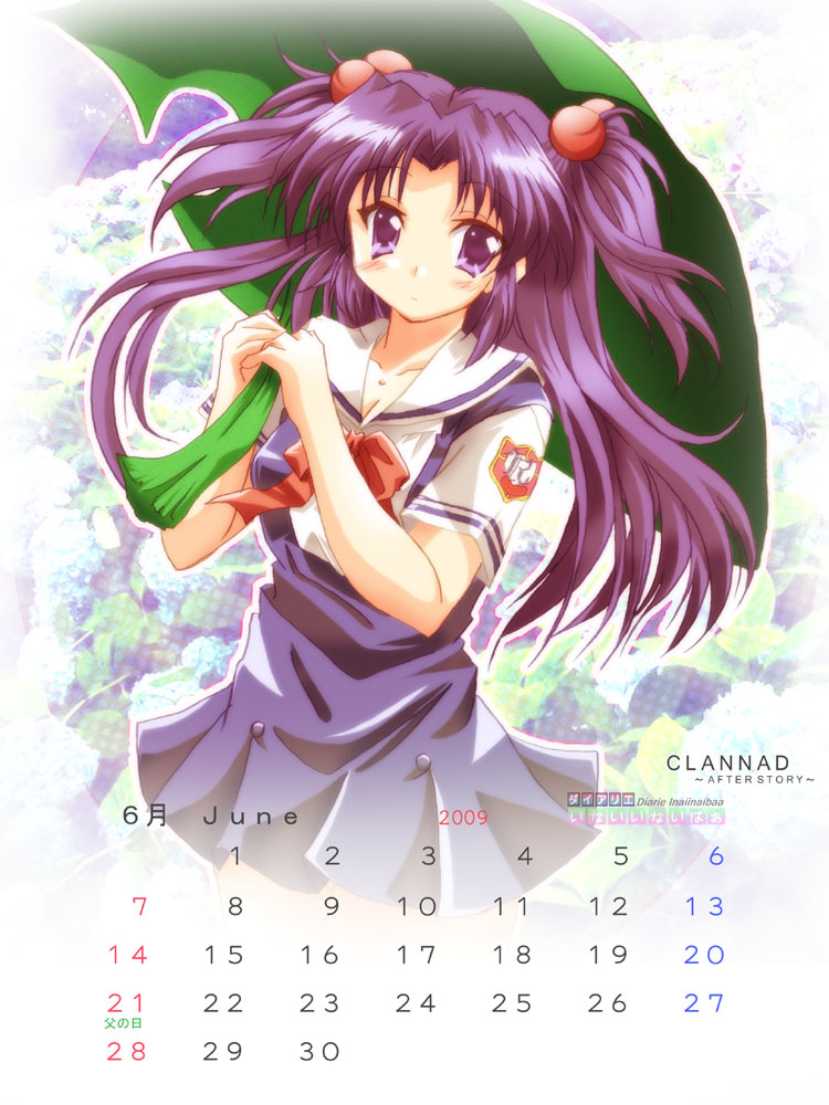 tamaki (diarie inaiinaibaa), tamaki (pixiv149755), ichinose kotomi, clannad, 00s, 2009, calendar, hair bobbles, hair ornament, june, purple eyes, purple hair, school uniform, solo, twintails, two side up, umbrella