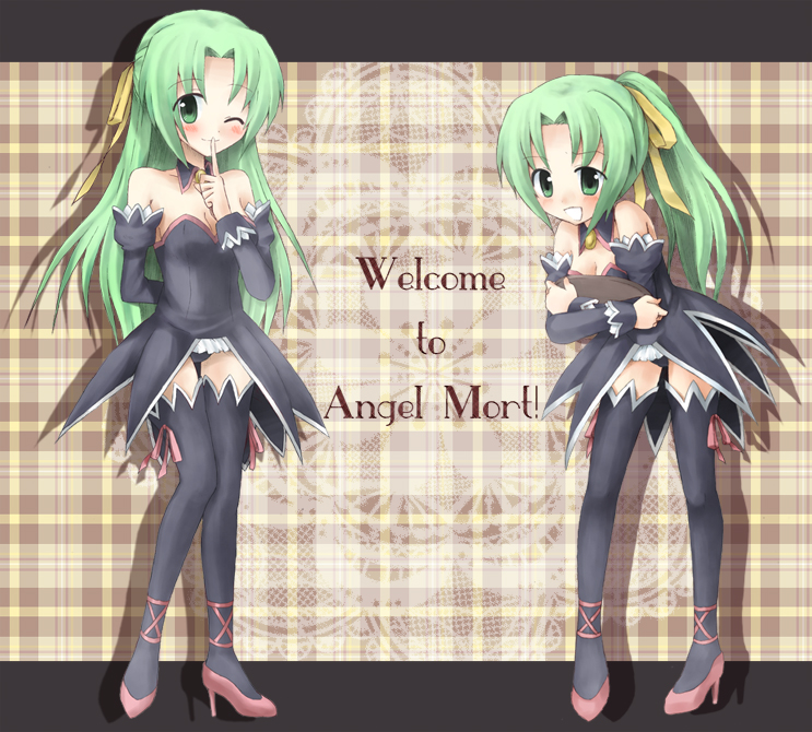 sonozaki mion, sonozaki shion, higurashi no naku koro ni, non-web source, 00s, 2girls, angel mort, detached collar, green eyes, green hair, half updo, multiple girls, one eye closed, ponytail, siblings, sisters, thighhighs, tray, twins, waitress, wink