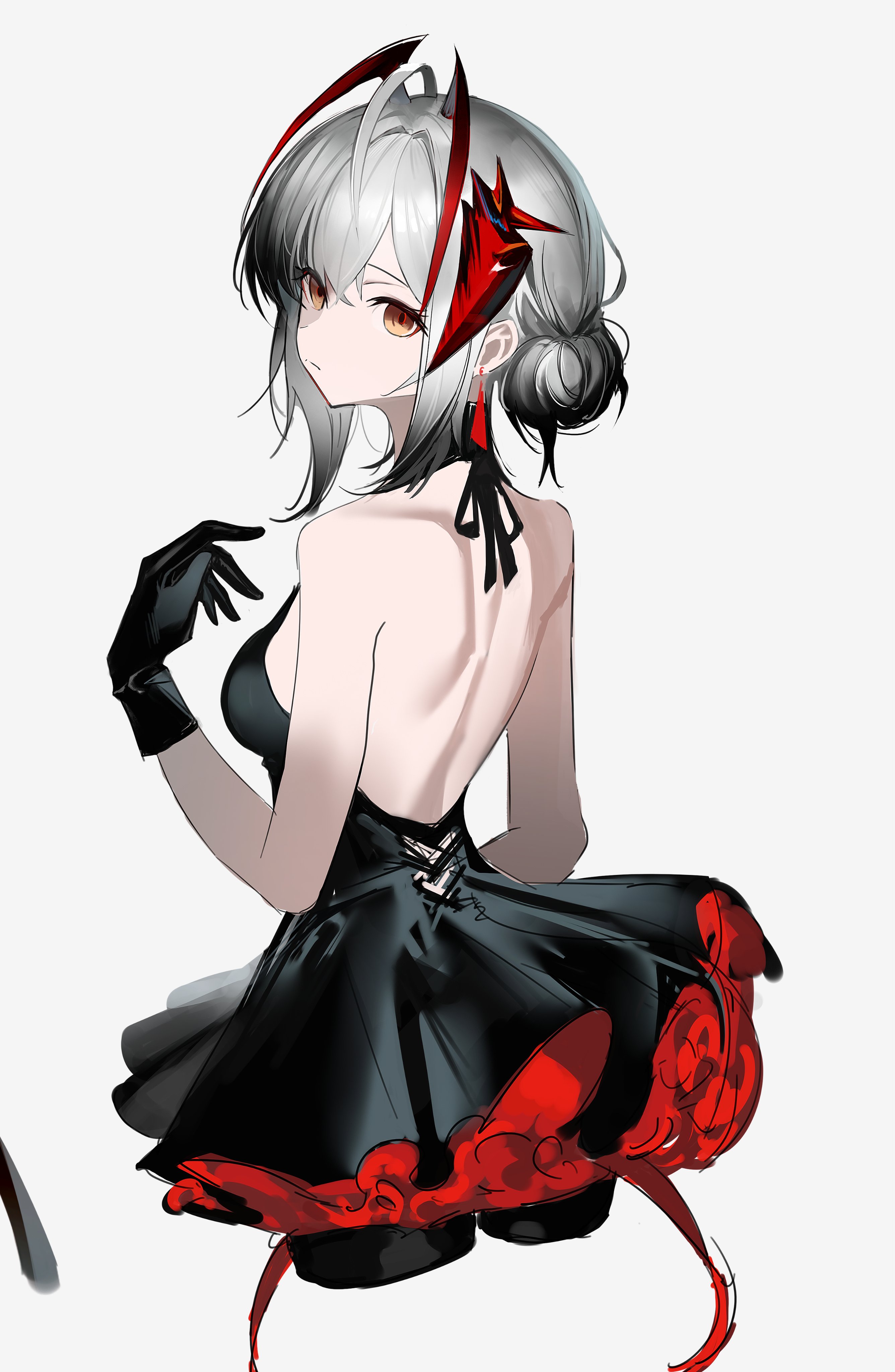 ligod, w (arknights), arknights, absurdres, highres, 1girl, ahoge, alternate costume, antenna hair, bare back, bare shoulders, black dress, black gloves, black hair, breasts, brown eyes, closed mouth, cropped legs, dress, earrings, from behind, gloves, gradient hair, hair between eyes, hair bun, horns, jewelry, large breasts, looking at viewer, medium hair, multicolored dress, multicolored hair, red dress, red hair, red horns, red pupils, sidelocks, simple background, single hair bun, sleeveless, sleeveless dress, solo, standing, white background, white hair