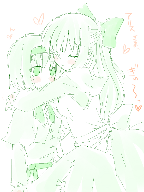 you at pome, alice margatroid, shanghai doll, touhou, bad id, bad pixiv id, translation request, 2girls, arms around neck, blush, closed eyes, female focus, hair ribbon, hairband, heart, hug, long hair, monochrome, multiple girls, personification, ribbon, short hair, yuri